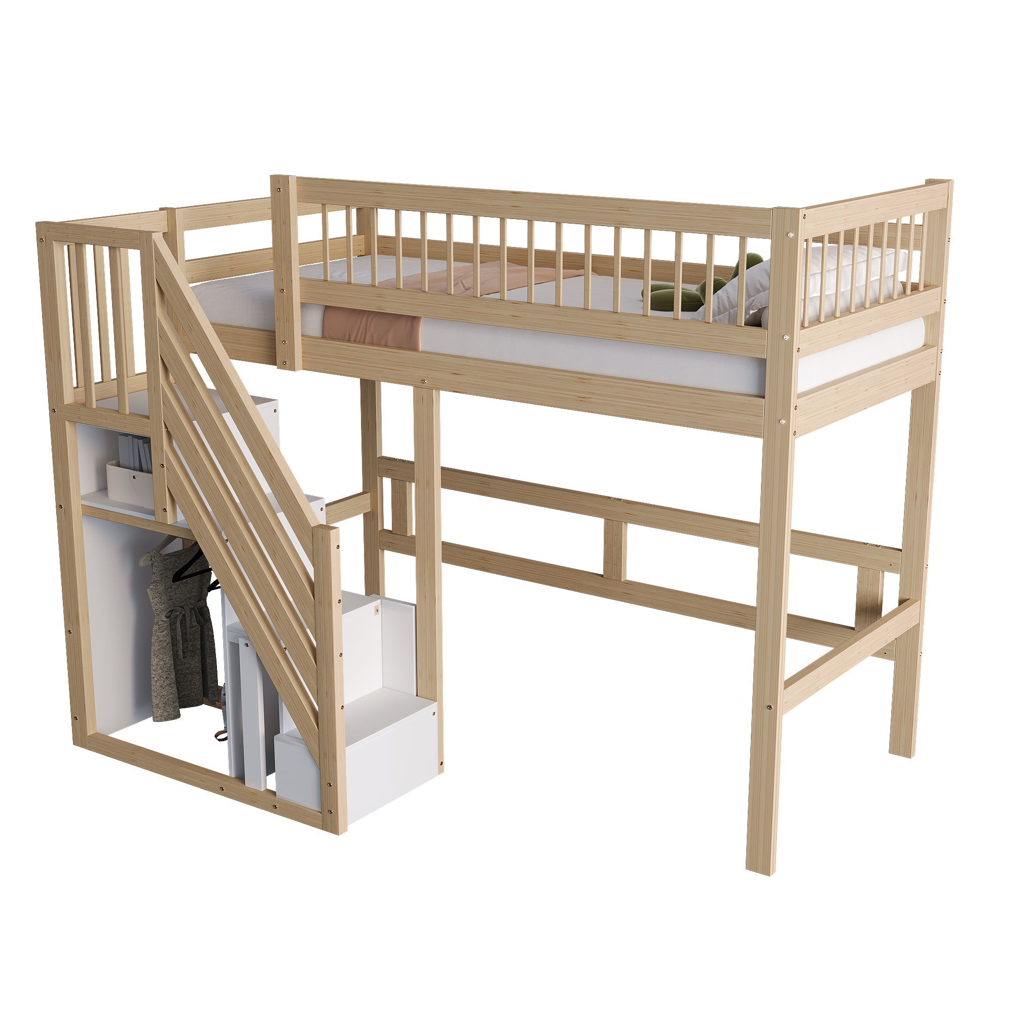 Solid Wood Bed, 90x200, Storage Stairs, High Version, Wood Color