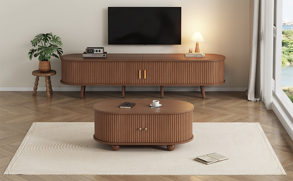 TV Stand and Coffee Table Set, 2 Drawer 2 Sliding Doors for 70 Inch TV, Dark Walnut MDF