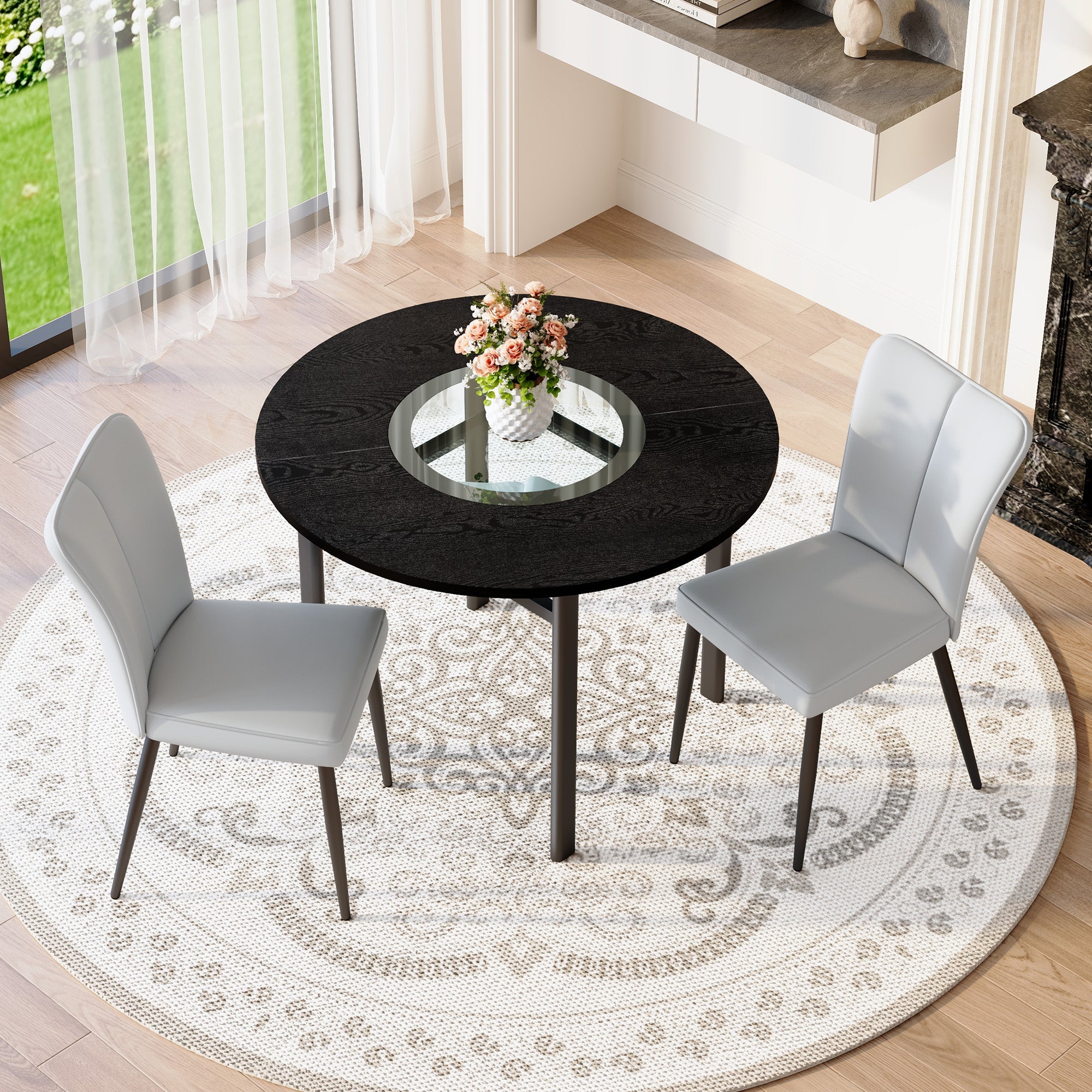 Round Table Set 100cm Modern Minimalist 2 PU Armchairs - Black/Light Grey