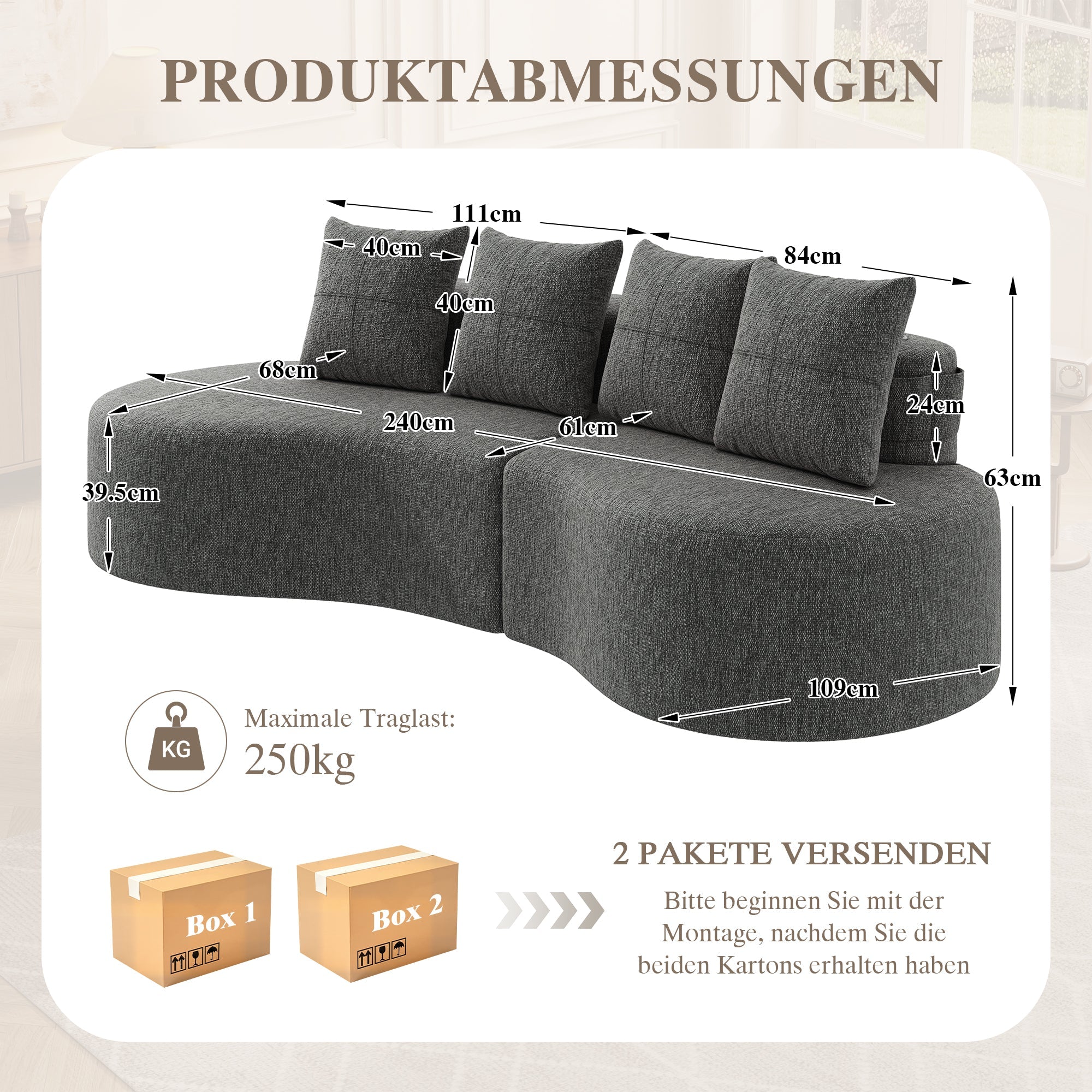 Linen Sofa with 4 Cushions, Cup Holder and Side Pocket, Dark Grey
