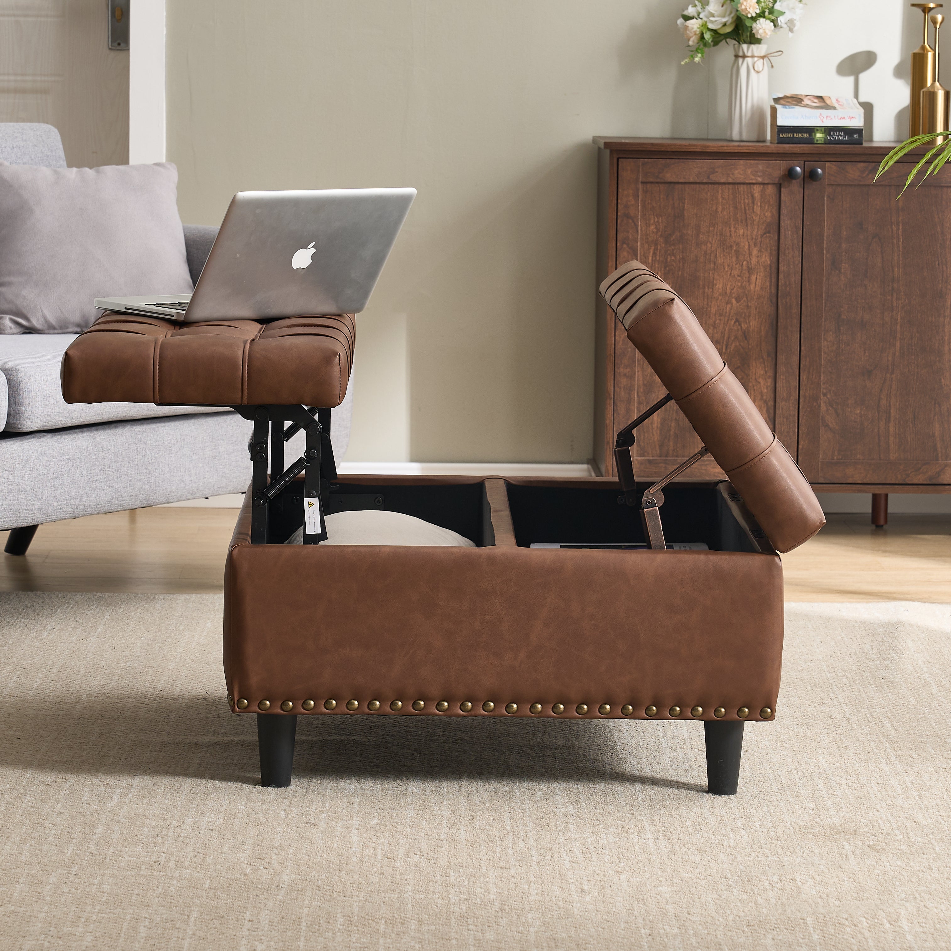 Storage Chair, Liftable Bench, Square, Brown PU