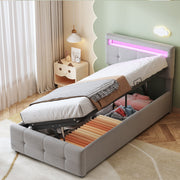 Upholstered Children's Bed, 90x200 cm with LED, Hydraulic Storage, Adjustable Headboard, Velvet Grey