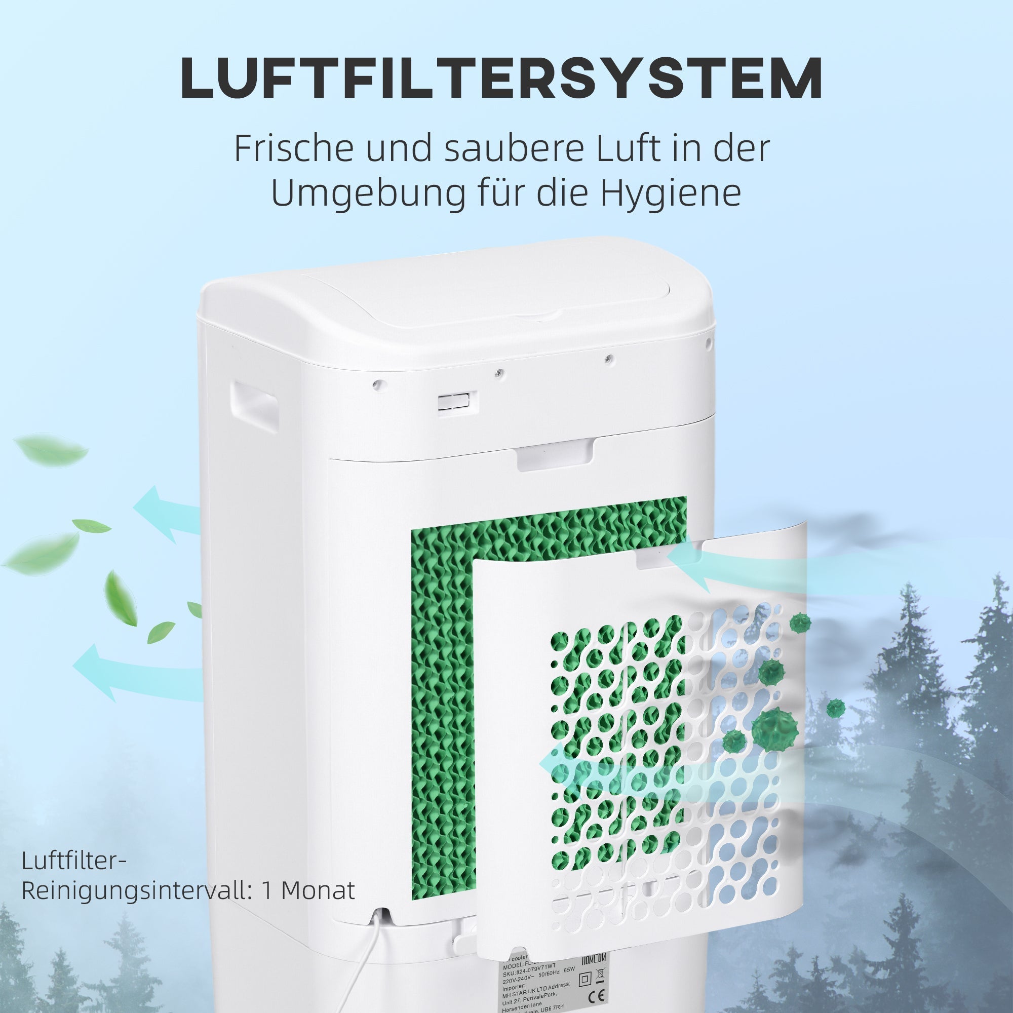3-in-1 Portable Air Conditioner Humidifier Water Cooling 15L White