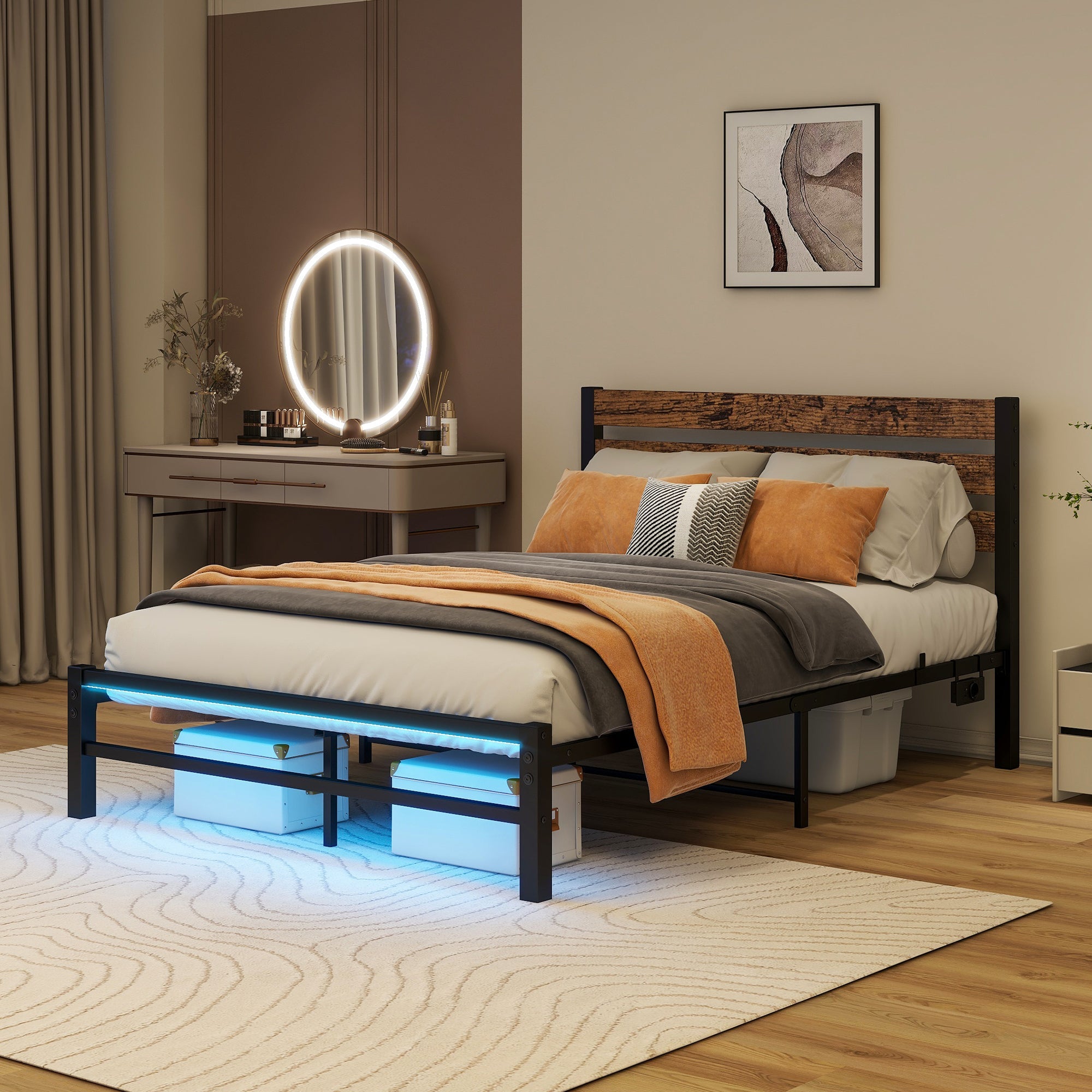 Bed Frame with Headboard, 120x200cm, USB Charging Station & LED, Metal