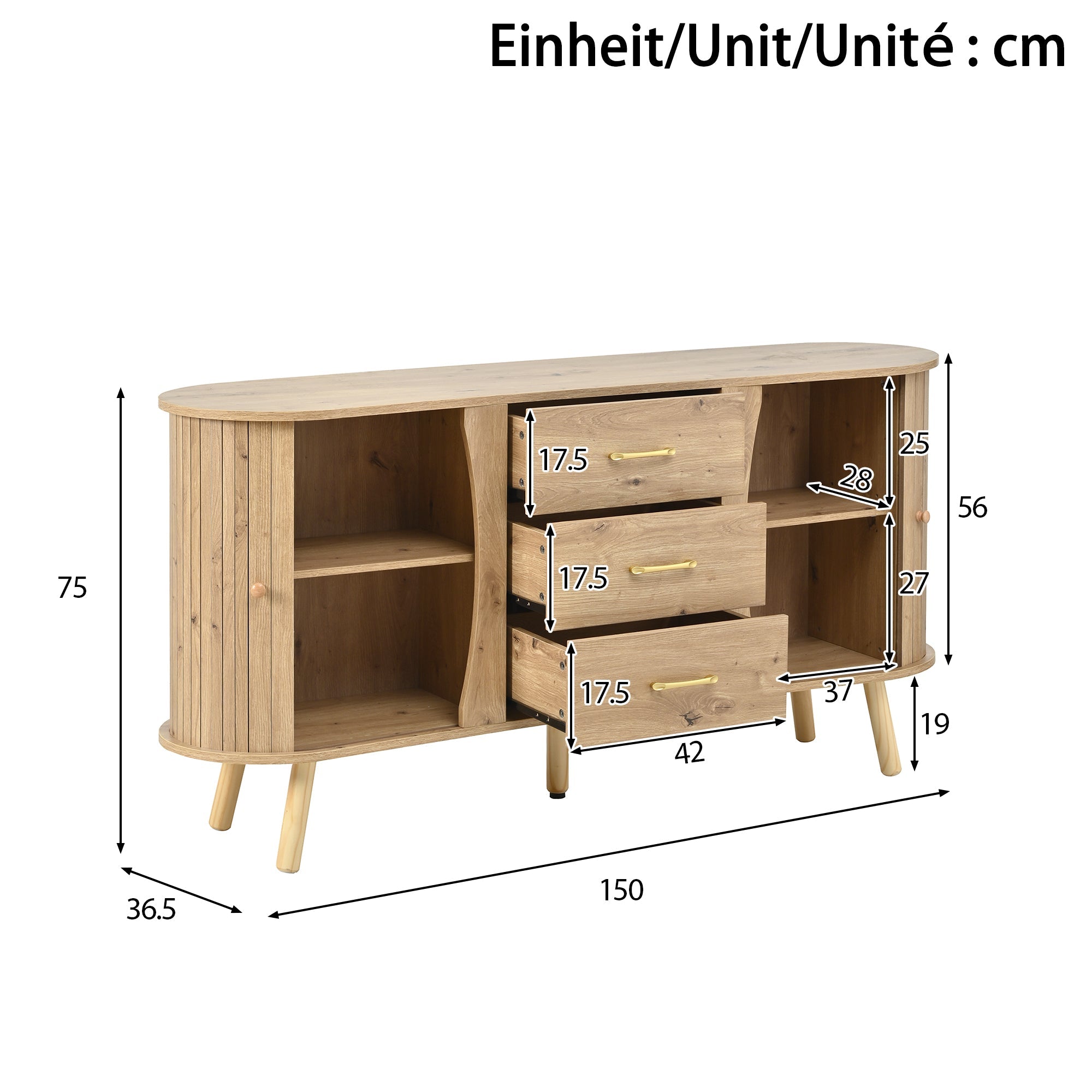 Pea-Shaped Sideboard with 2 Sliding Doors and 3 Drawers, Scandinavian Style with Solid Wood Legs, Wood Look MDF
