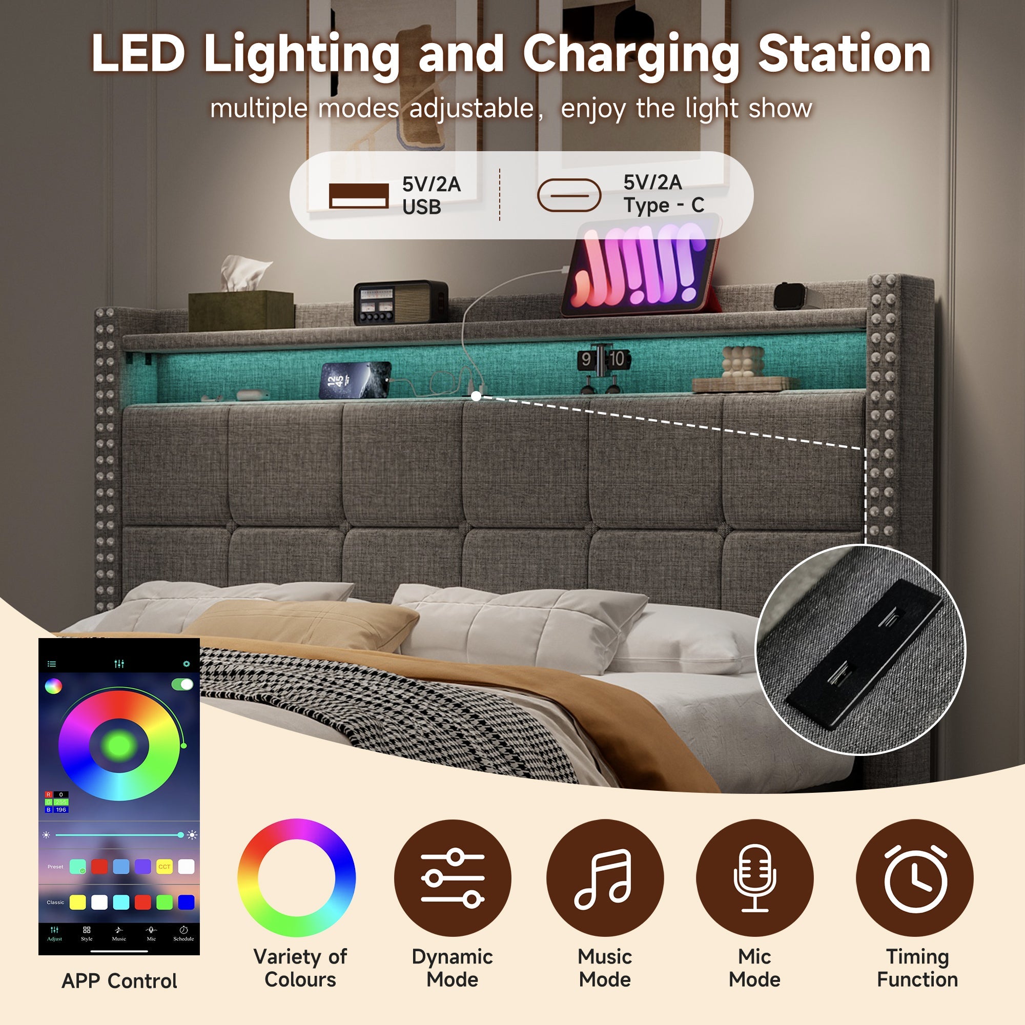 4ft6 Double Upholstered Bed with 4 Storage Drawers, LED Charging Station, Linen Grey