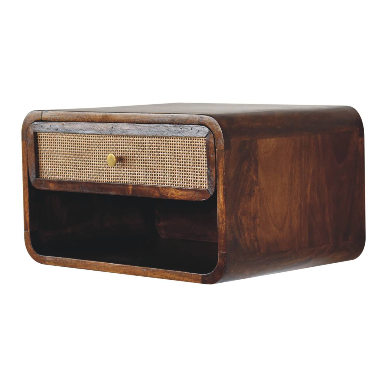 Solid Wood Chestnut Bedside, Wall Mounted Woven 1 Drawer 1 Shelf, Dark Brown