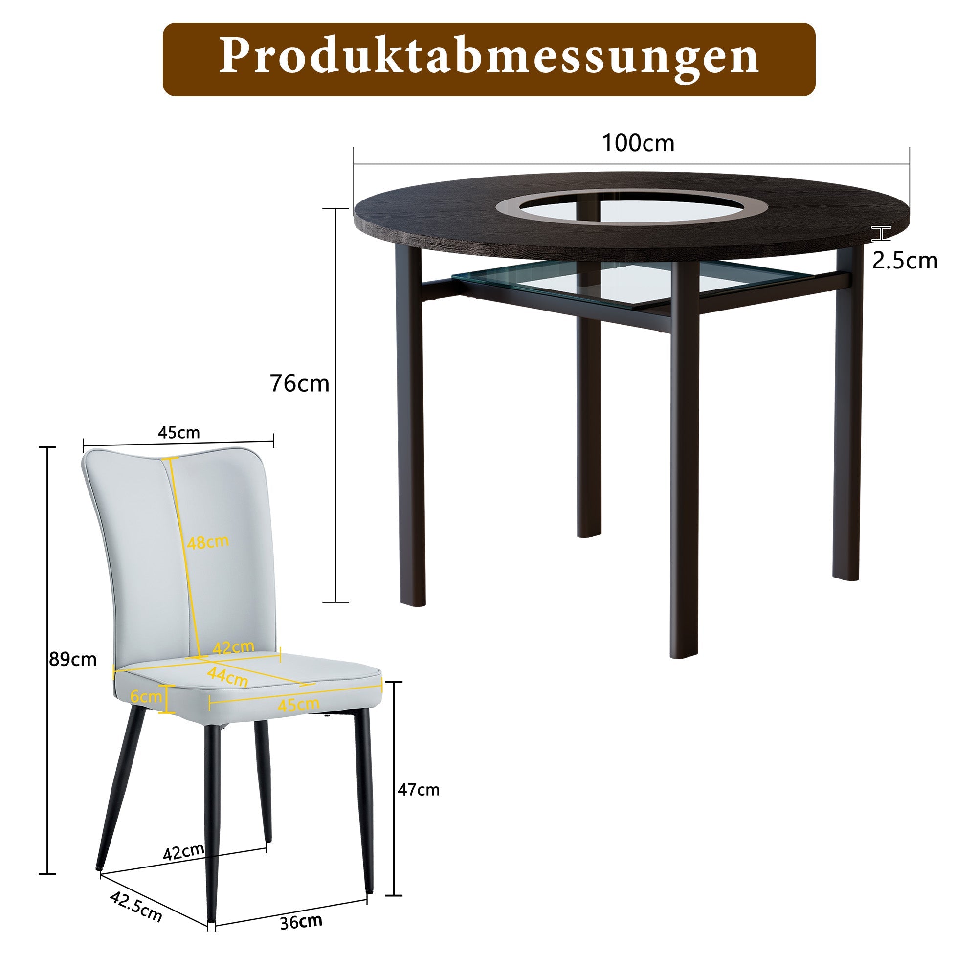 Round Table Set 100cm Modern Minimalist 2 PU Armchairs - Black/Light Grey