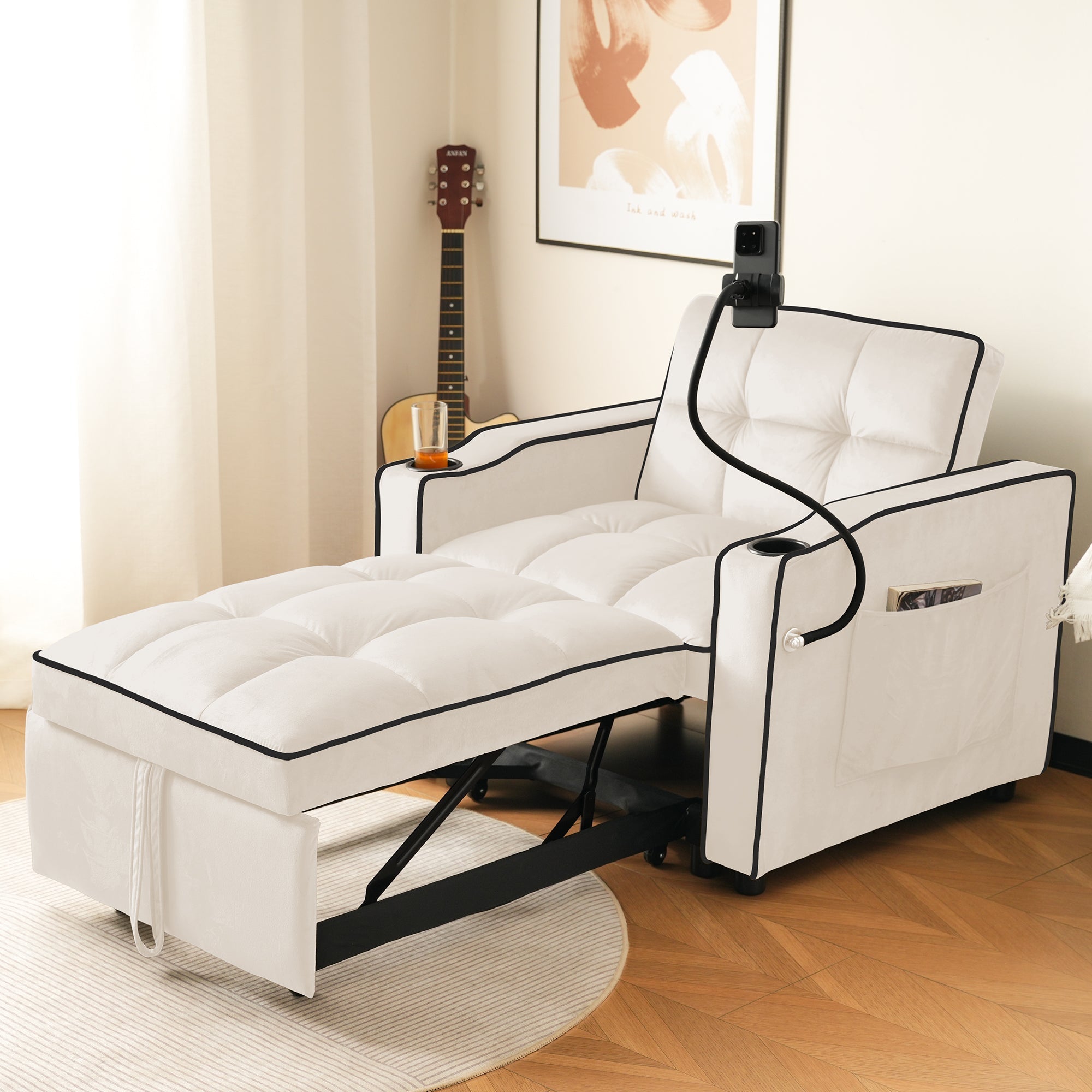 3-in-1 Pull-Out Single Sofa Bed with Cup & Phone Holders, for Small Spaces