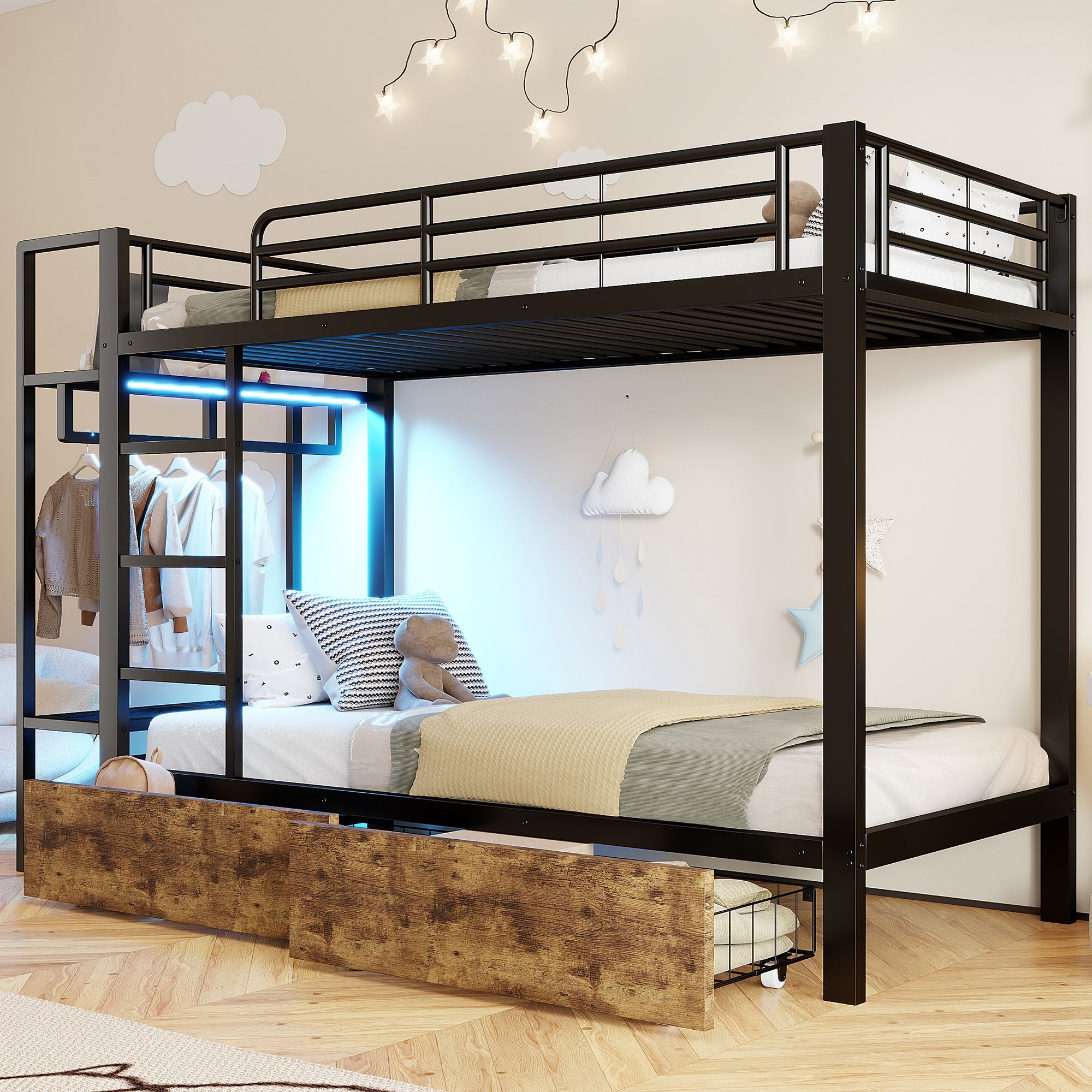 Bunk Bed with 2 Drawers, Shelves, LED and Clothes Rail, 90x200cm, Black Iron Frame