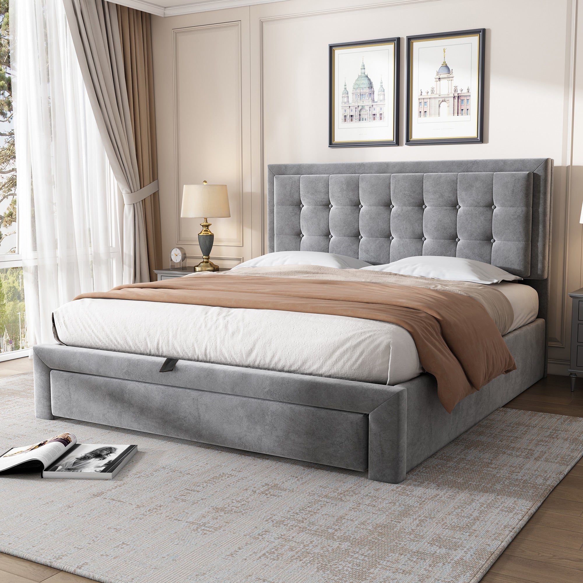 Upholstered Bed, 4ft6 Double (135x190cm) with Large Storage Space, Slats & Headboard, Grey Velvet