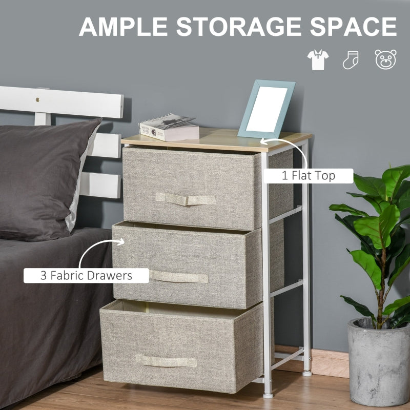Vertical 3-Tier Linen Drawer Dresser Tower Organizer, Metal Frame Adjustable Feet, White, Oak and Light Grey