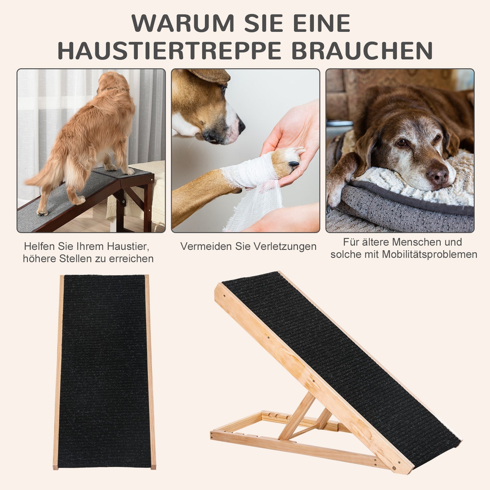Pet Ramp, Adjustable Non-Slip, Pinewood and Polyester
