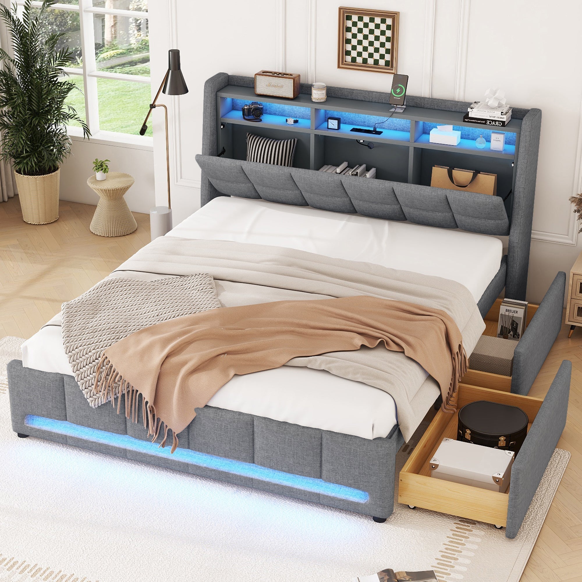 Upholstered Bed 140x200cm LED Light, Drawers, USB/Socket, Built-in Storage - Linen Grey