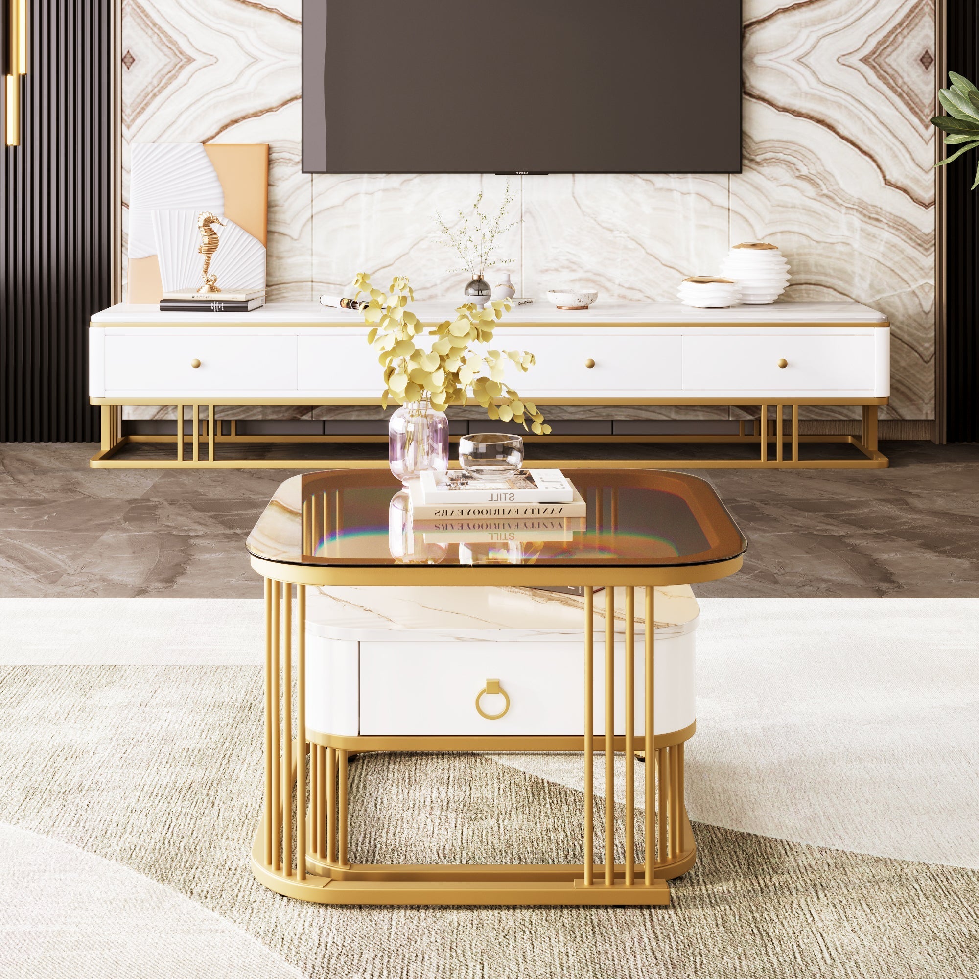 Stackable Coffee Table: High-Gloss Marble, Tea-Brown Glass, Gold Accents, Two-Piece Set