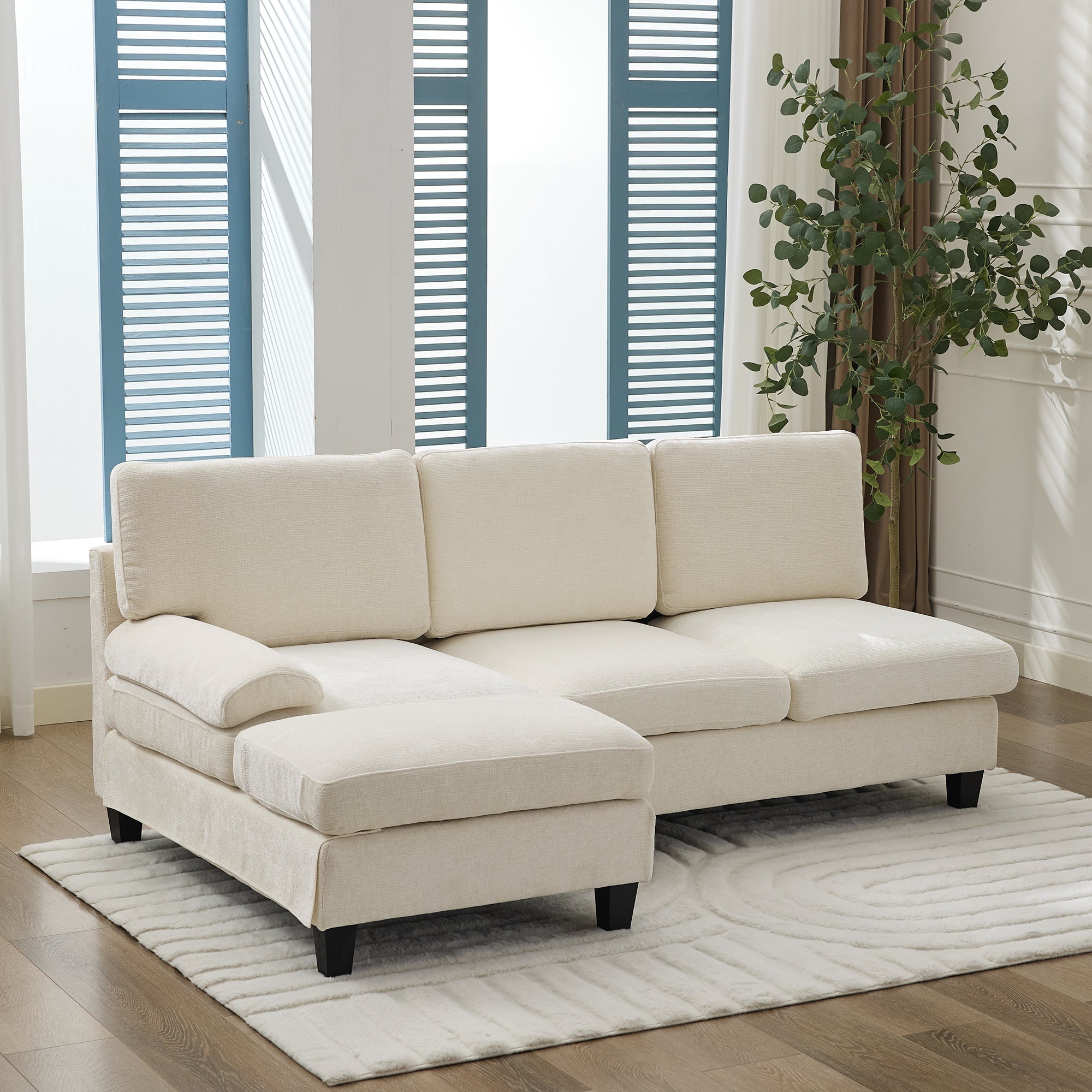 L-Shaped Sleeper Corner Sofa Upholstered 3-Seater Beige Linen