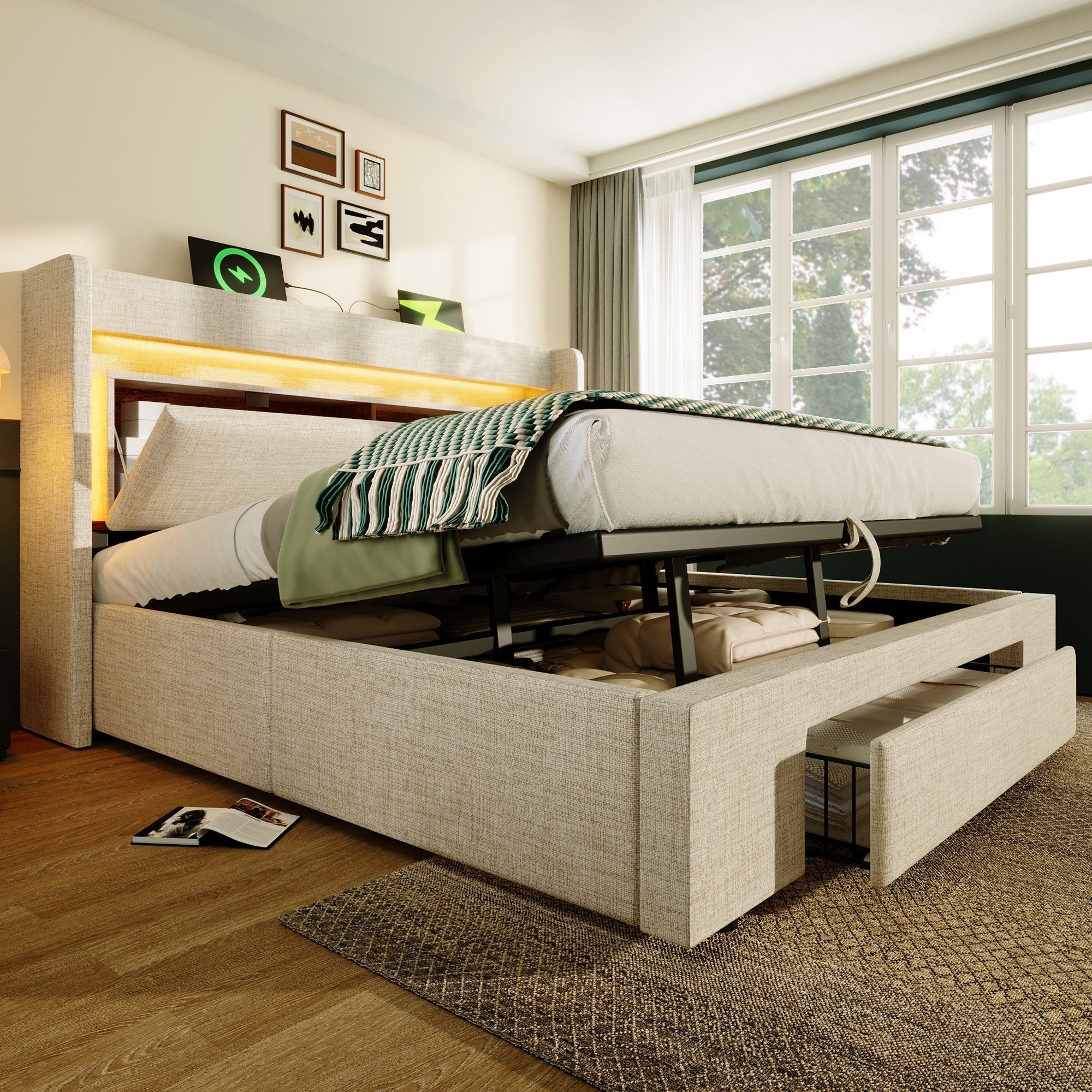 Upholstered Bed 140x200 cm Hydraulic Storage Headboard LED USB/USB-C - Beige Linen