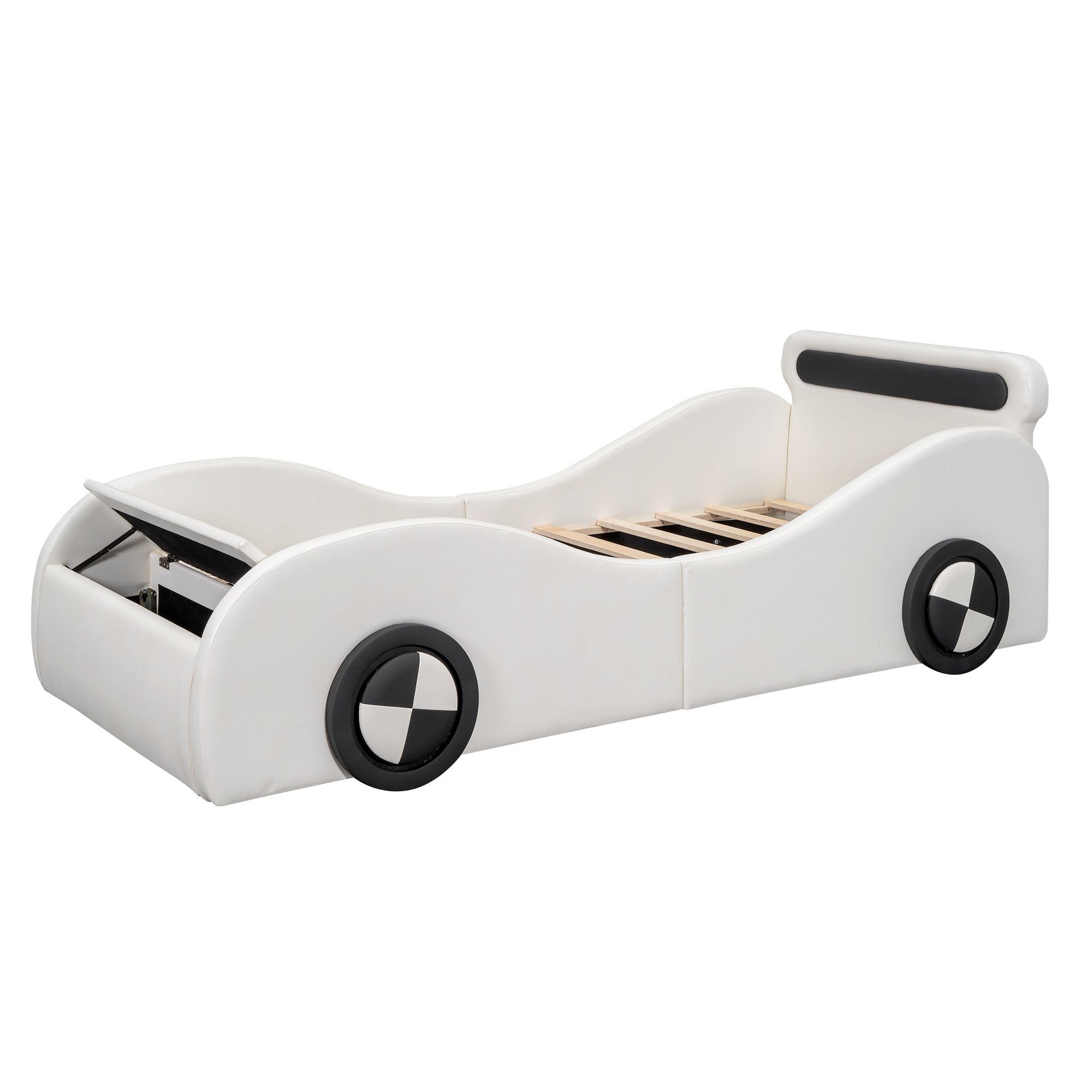 Car Shaped Upholstered Bed with Light-up Wheels and Storage, White PU