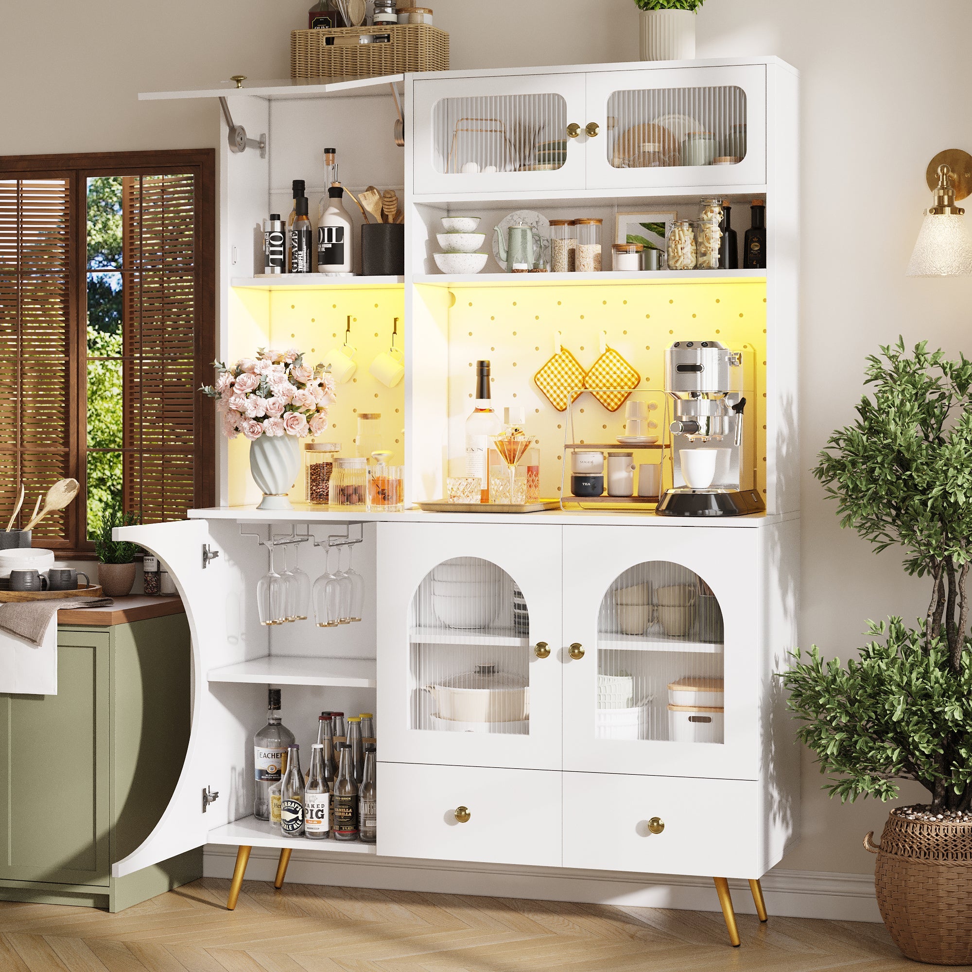 Modern Sideboard and Tall Kitchen Cabinet with LED Lighting, USB Ports and Pegboard, White
