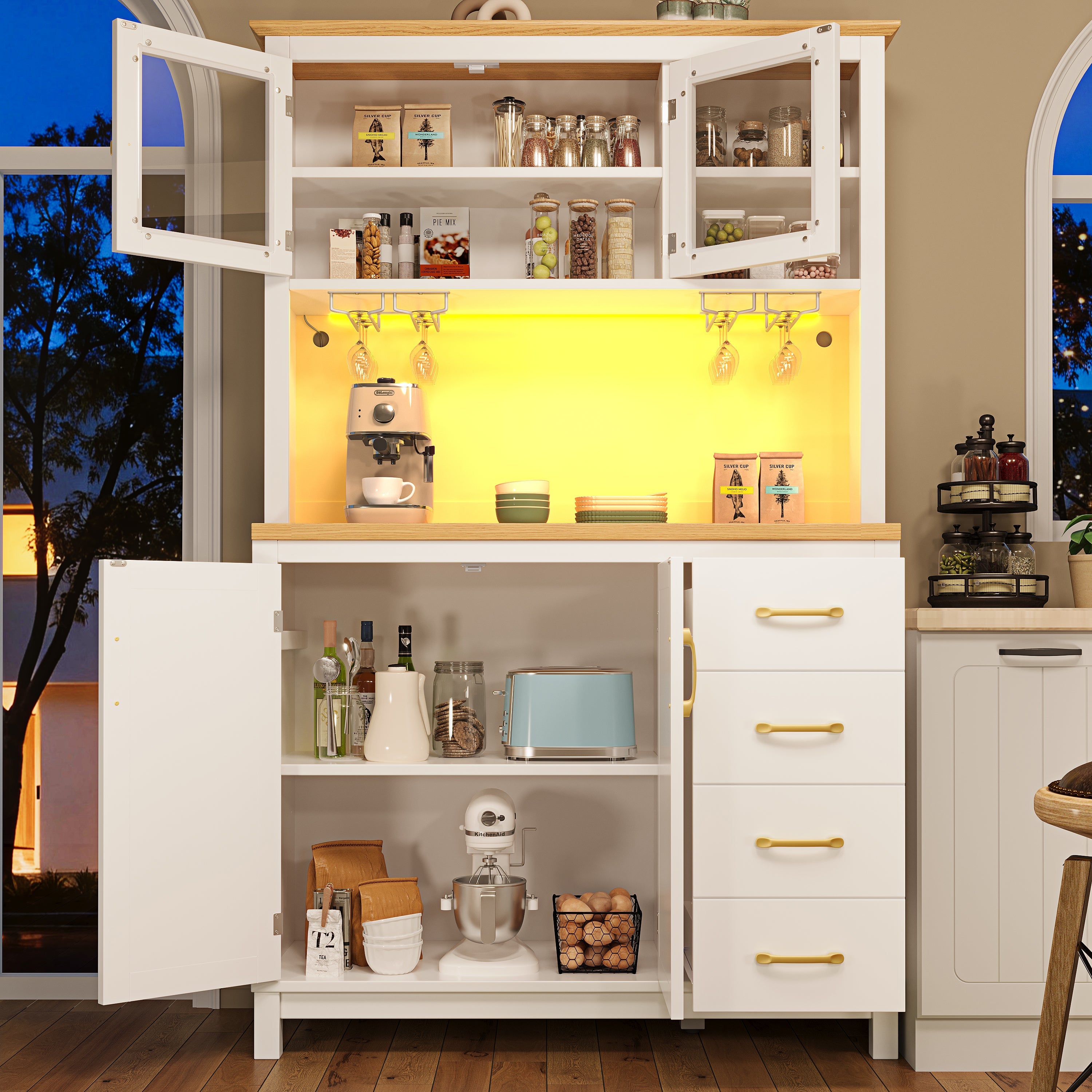 Sideboard Kitchen Cabinet with LED Light Strip and Drink Holders, Green/Black/White