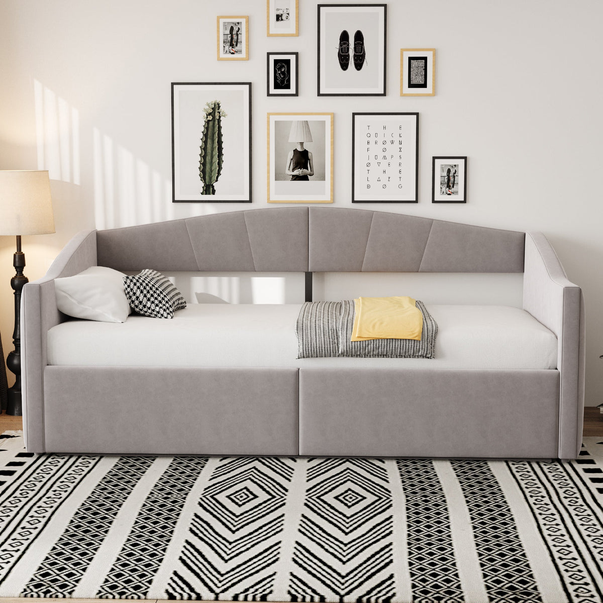 Upholstered Sofa Bed 90x200cm Hydraulic Storage Multifunctional Striped with Armrests Velvet Light Grey