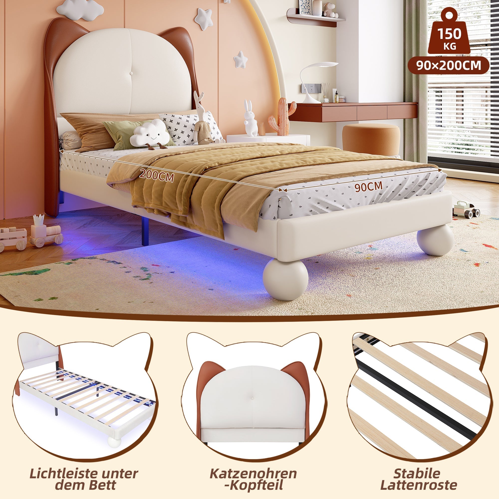 Upholstered Bed, Single/Children's, Cat-Ear Headboard, LED Light Strip, Beige + Yellow-Brown PU