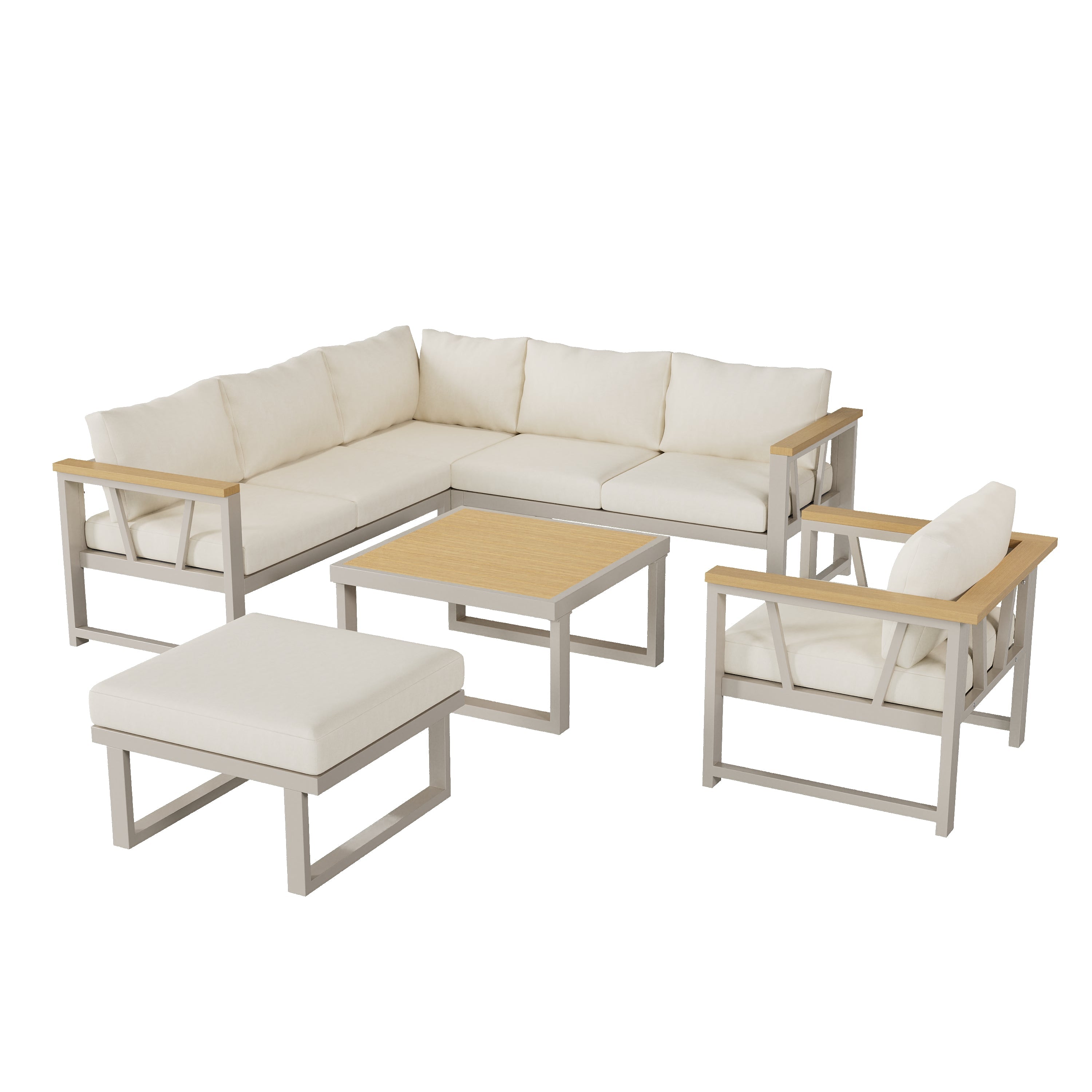 Corner Garden Furniture Set with Coffee Table, Seats 7, Khaki and Beige