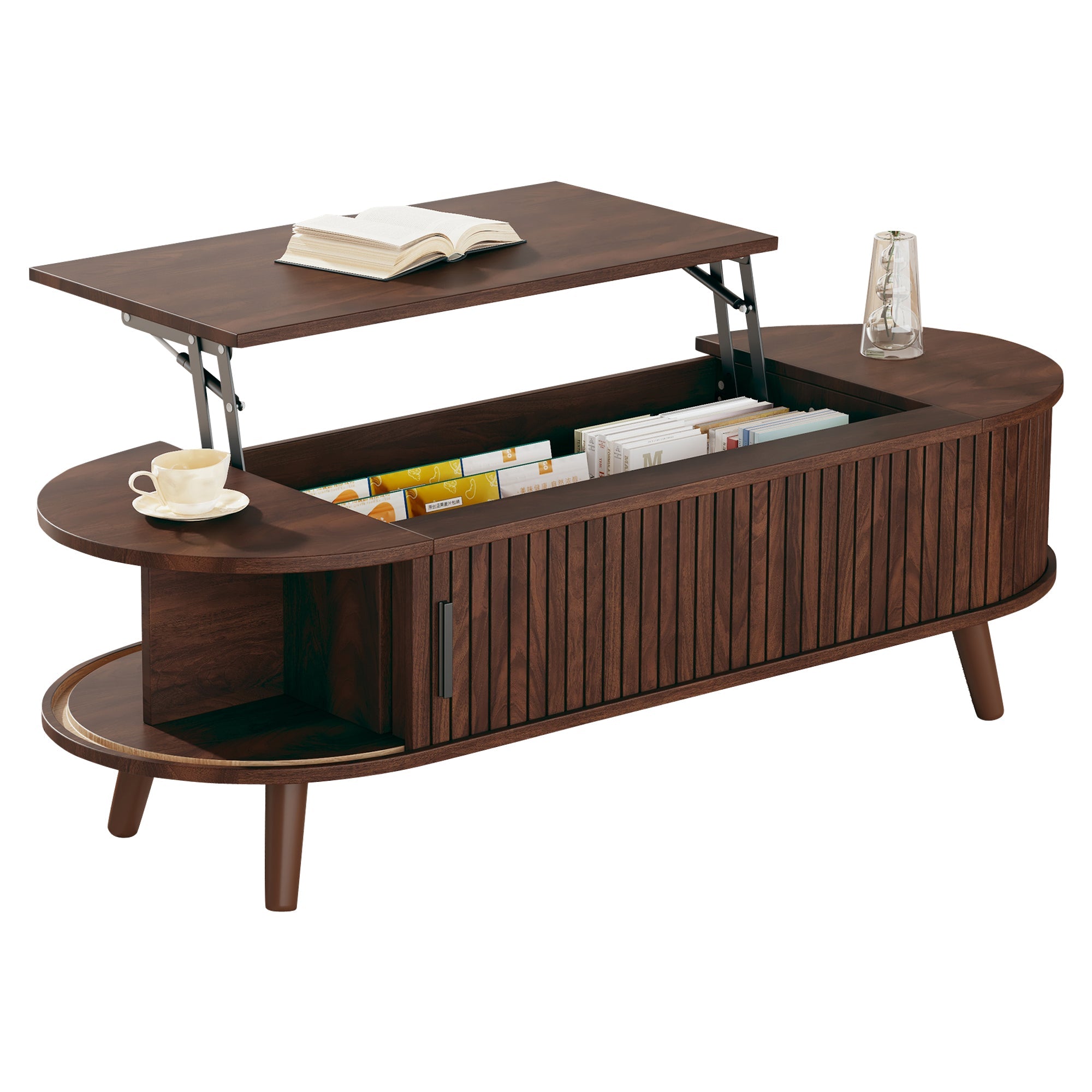 Coffee Table, Liftable with Hidden Storage & 5 Shelves, Walnut