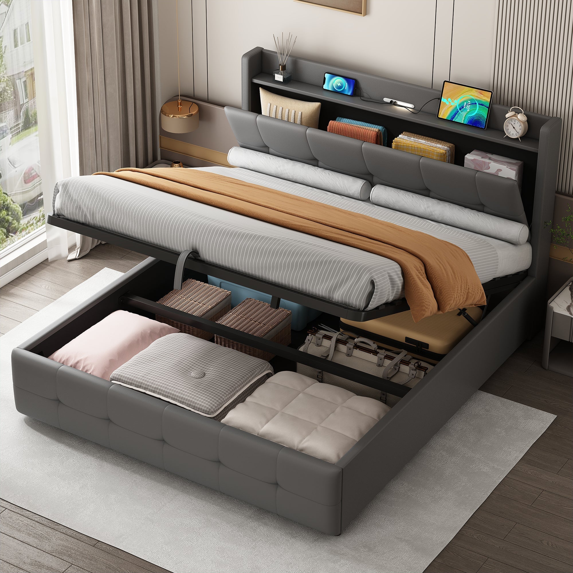 5ft King Upholstered Bed Frame, Hydraulic Storage, Charging Station, LED Night Light, PU Leather, Grey