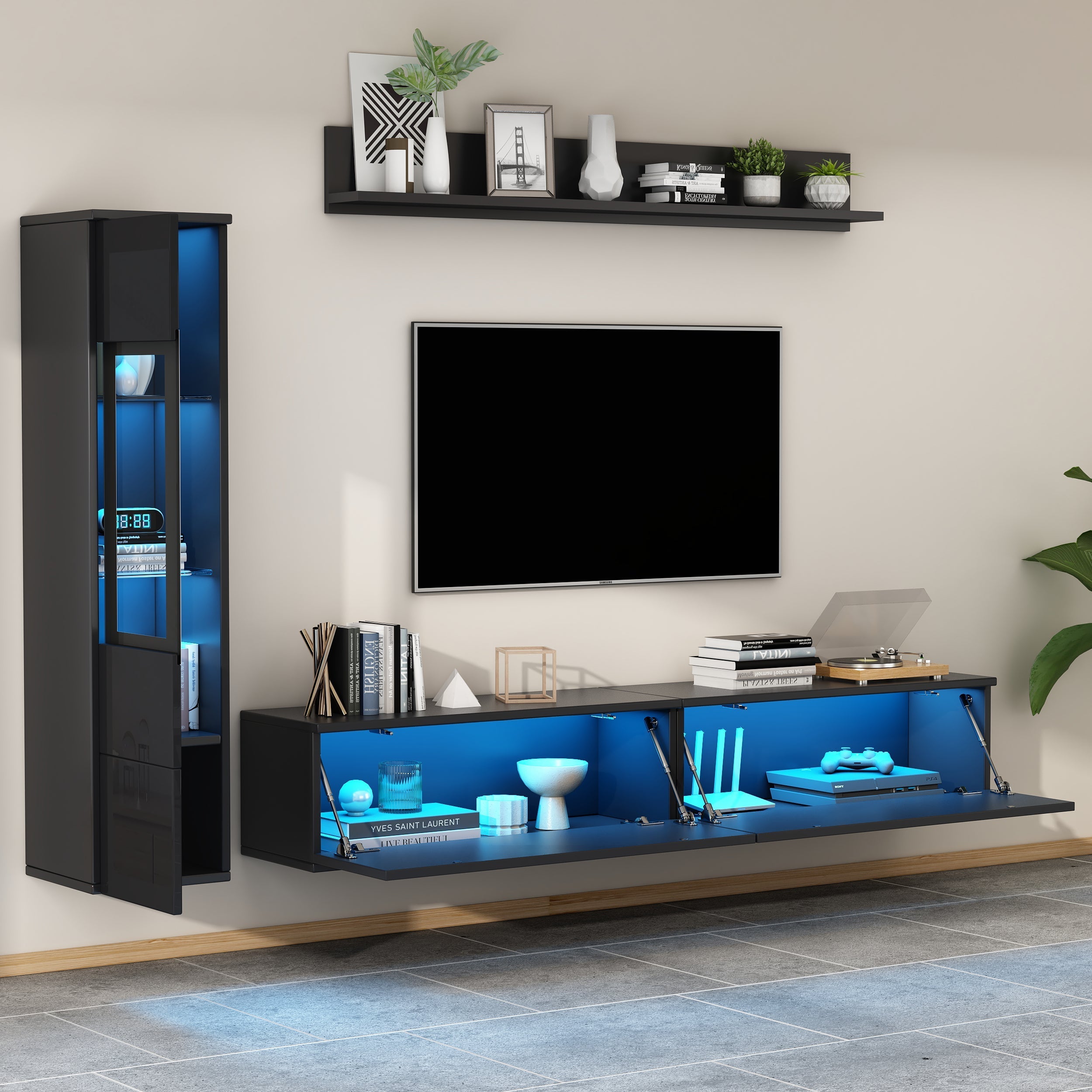 3-Piece TV Wall Unit Set High-Gloss LED Display Cabinet & Shelf Black
