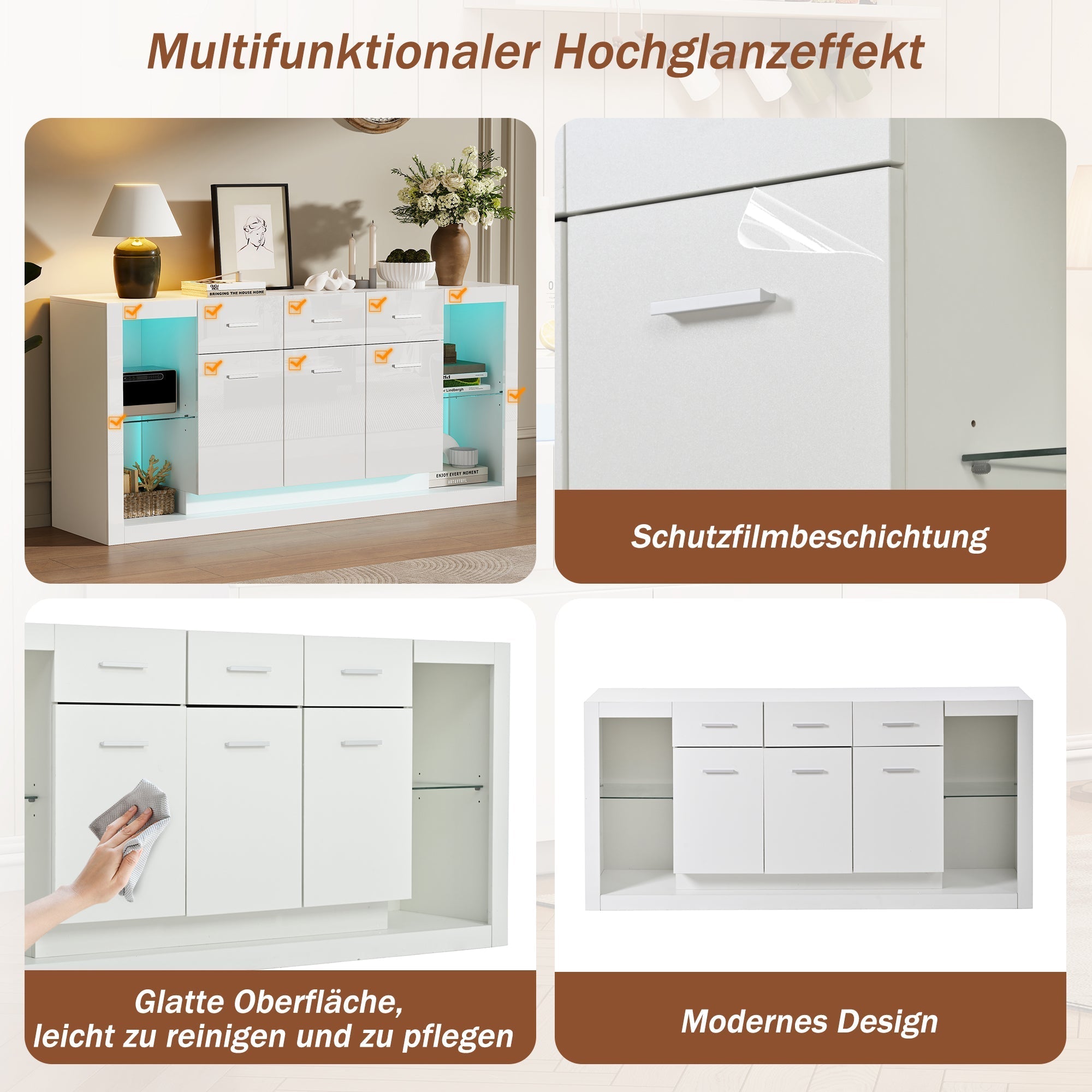 High-Gloss Sideboard 160cm with LED Light and 3 Drawers - White