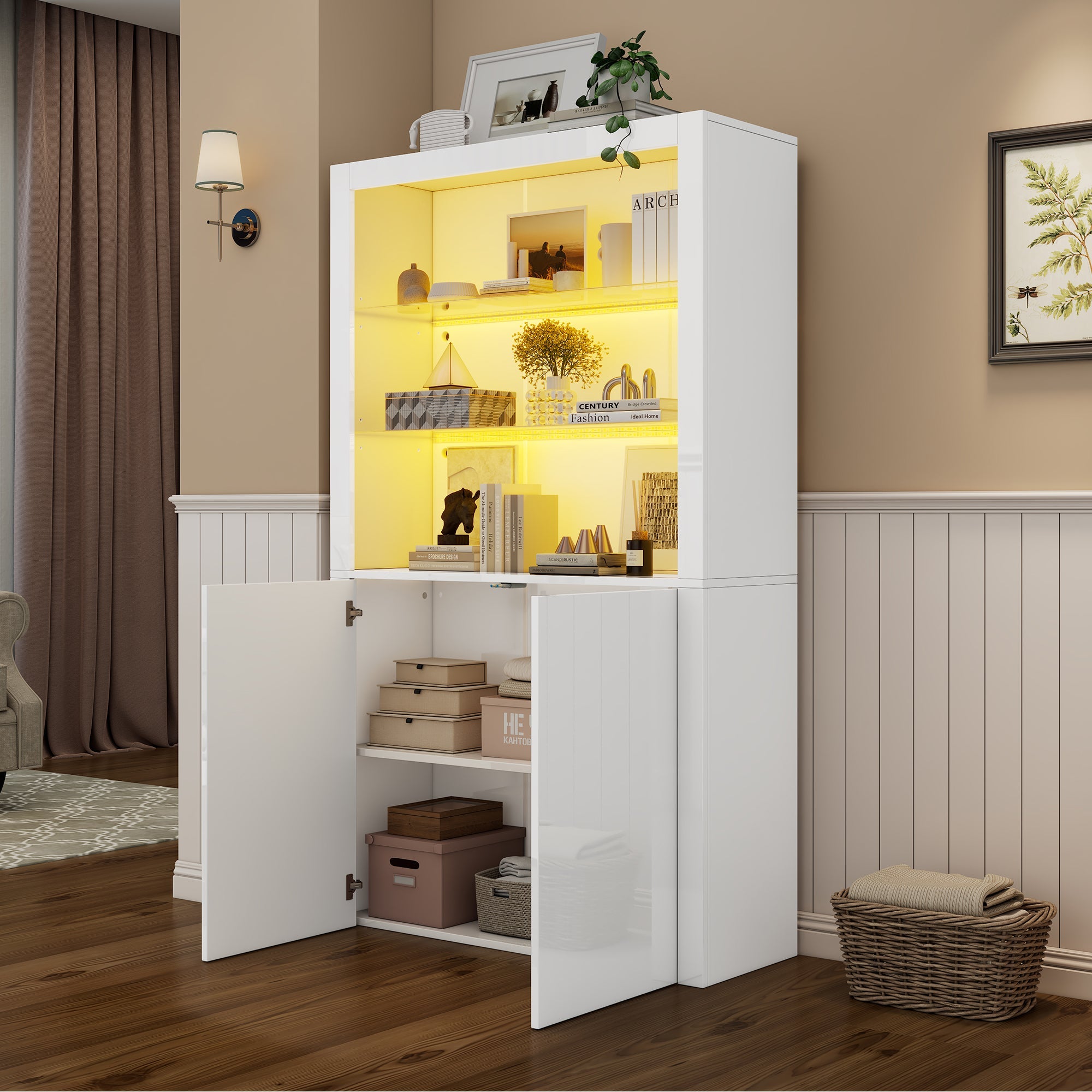 Sofa Sideboard Tall Cabinet, Display Storage with LED Lights, Tempered Glass, 100 x 35 x 170 cm, High-Gloss