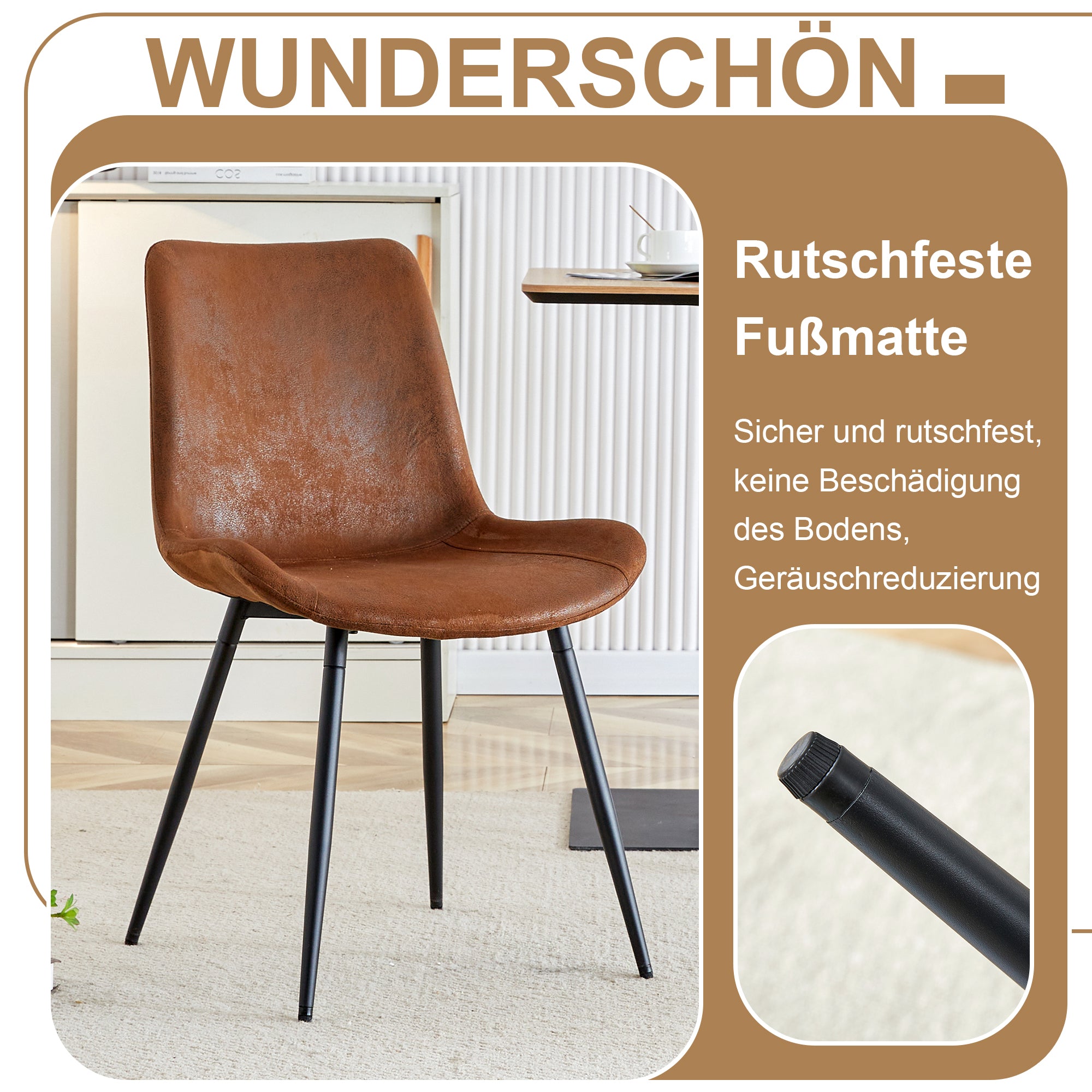 Round Table Set, Modern Minimalist 100cm with Storage, 4 Armchairs, Brown Wood Look/Brown Fabric