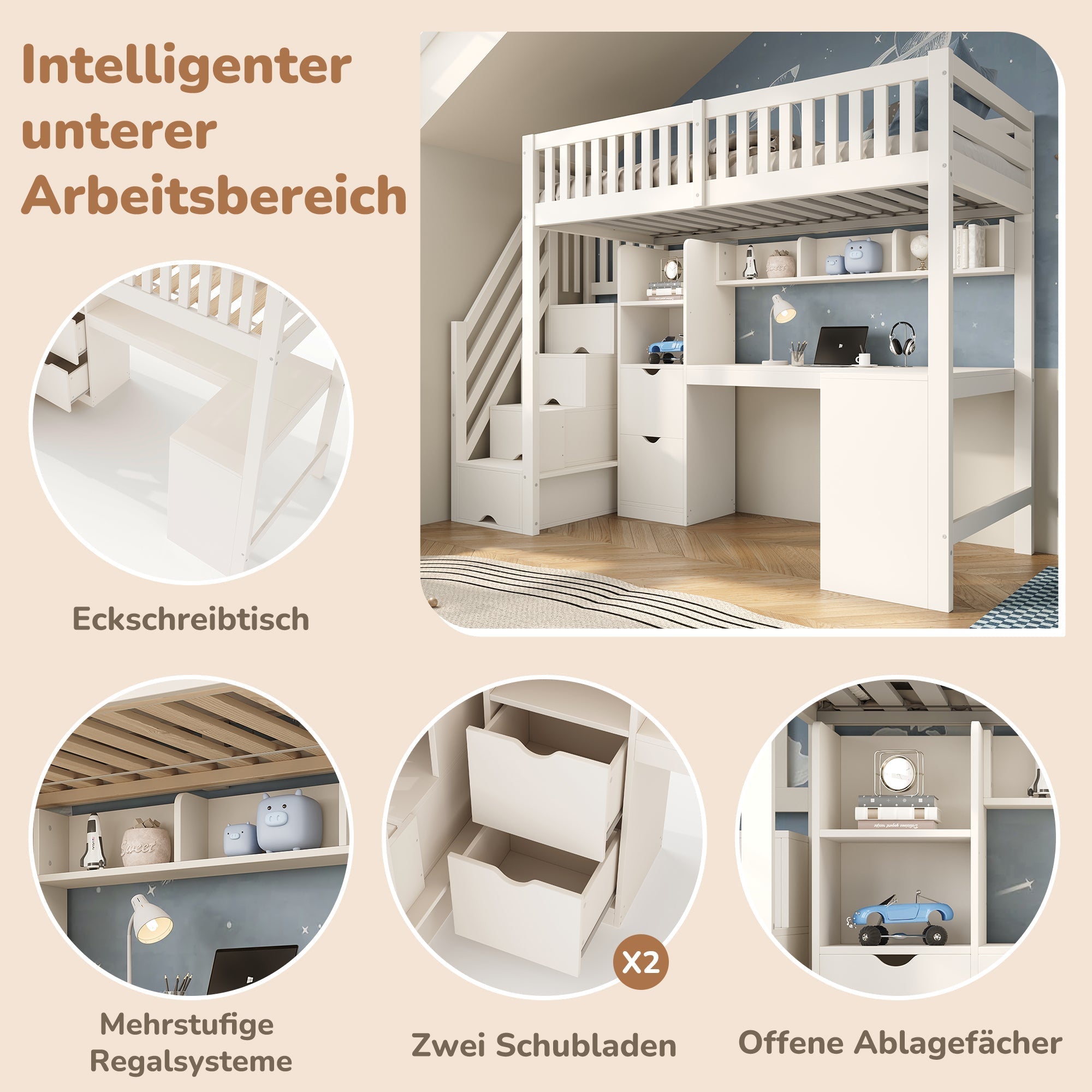 Children's Bunk Bed with Staircase, Corner Desk and Storage, White Pine Wood
