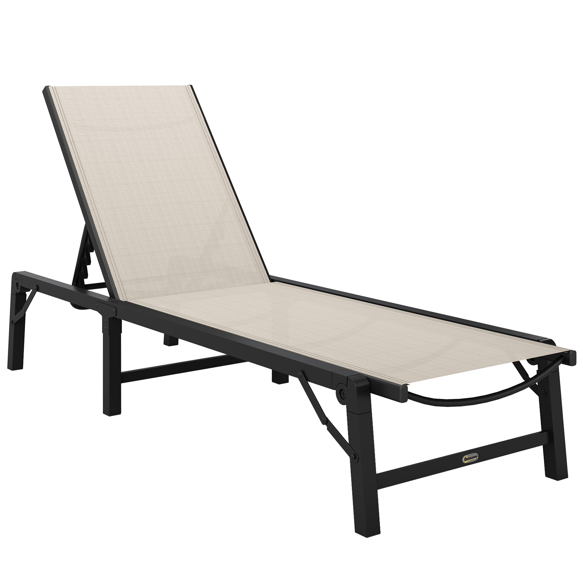 Folding Sun Lounger, 5-Position Adjustable Reclining Chair Steel Frame, Khaki