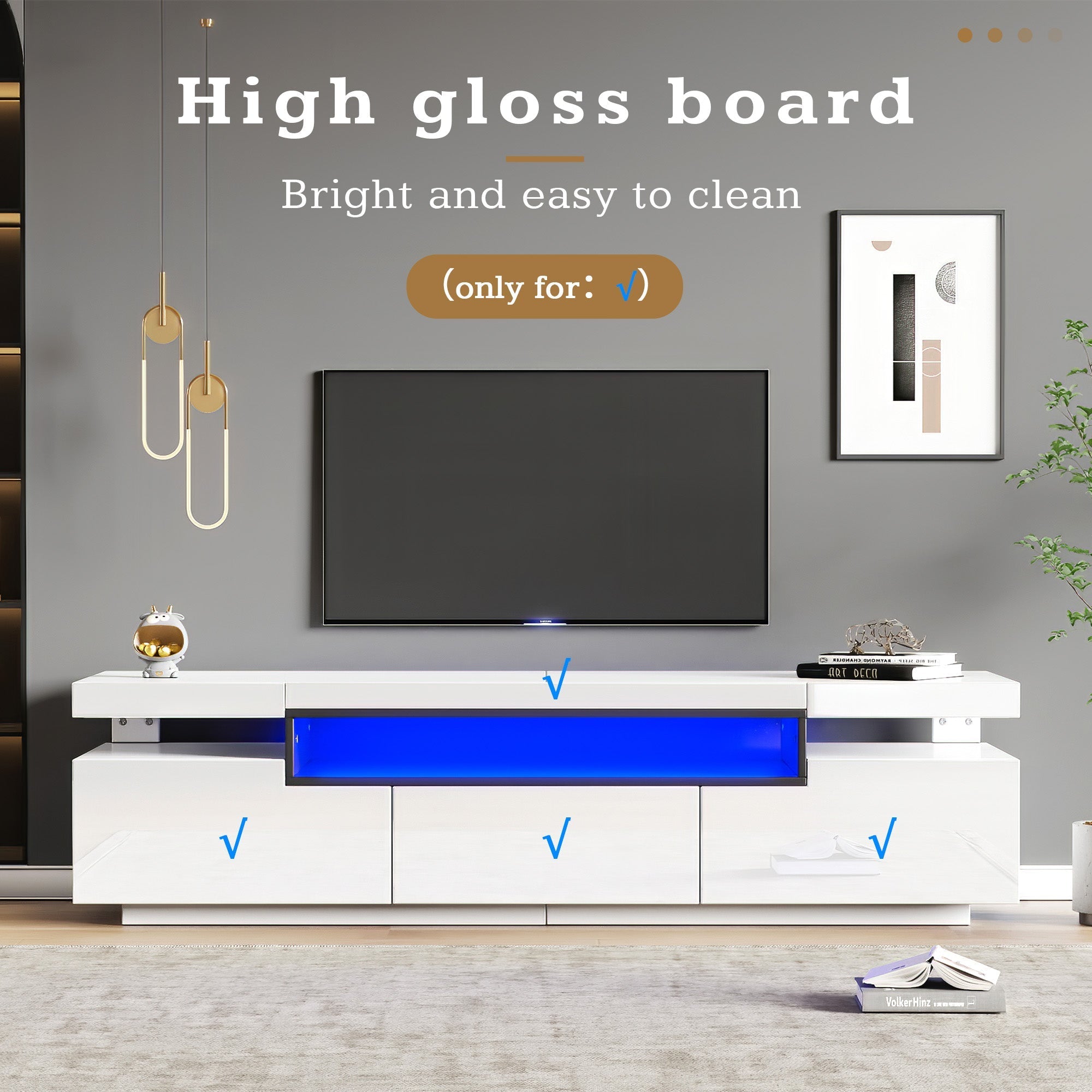 TV Stand Cabinet, High Gloss with LED Lights, 160CM, 3 Drawers, 3 Open Storage, White