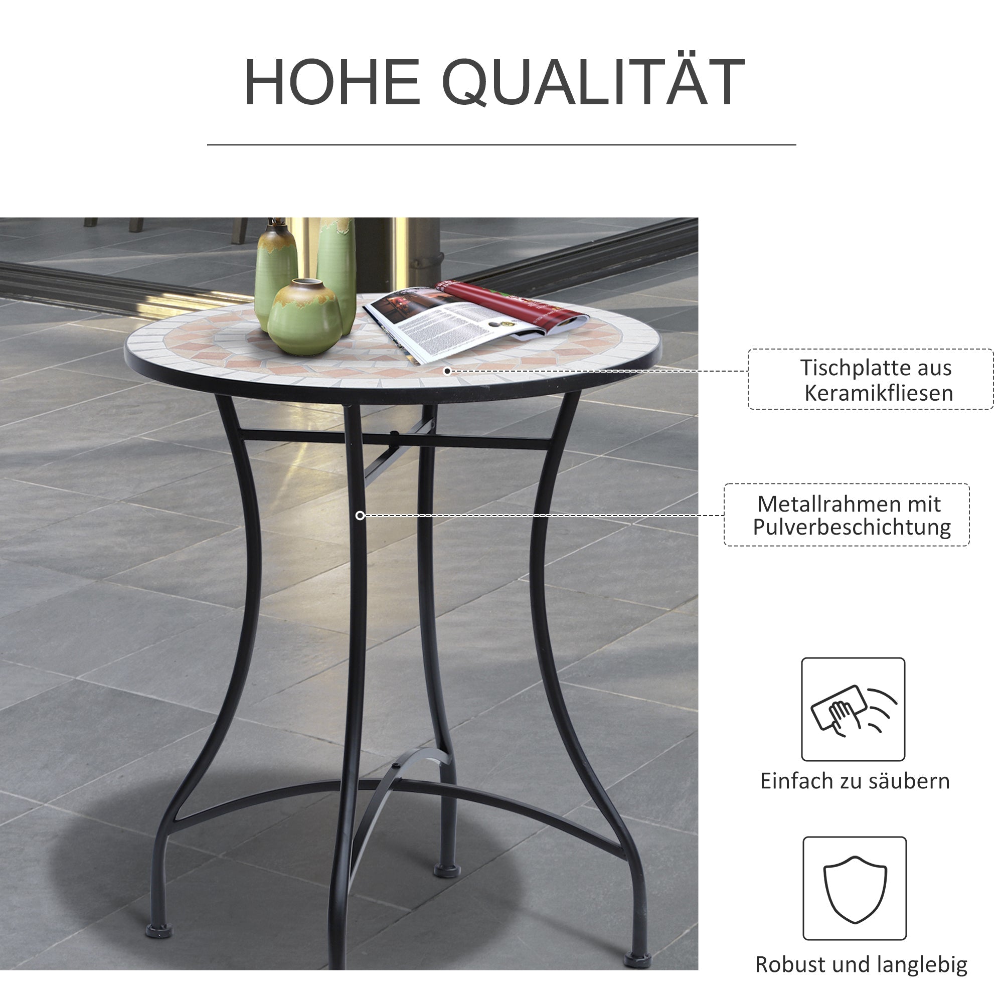 Mosaic Garden Table Round Ø60cm Balcony Side Table Steel Ceramic Orange/White