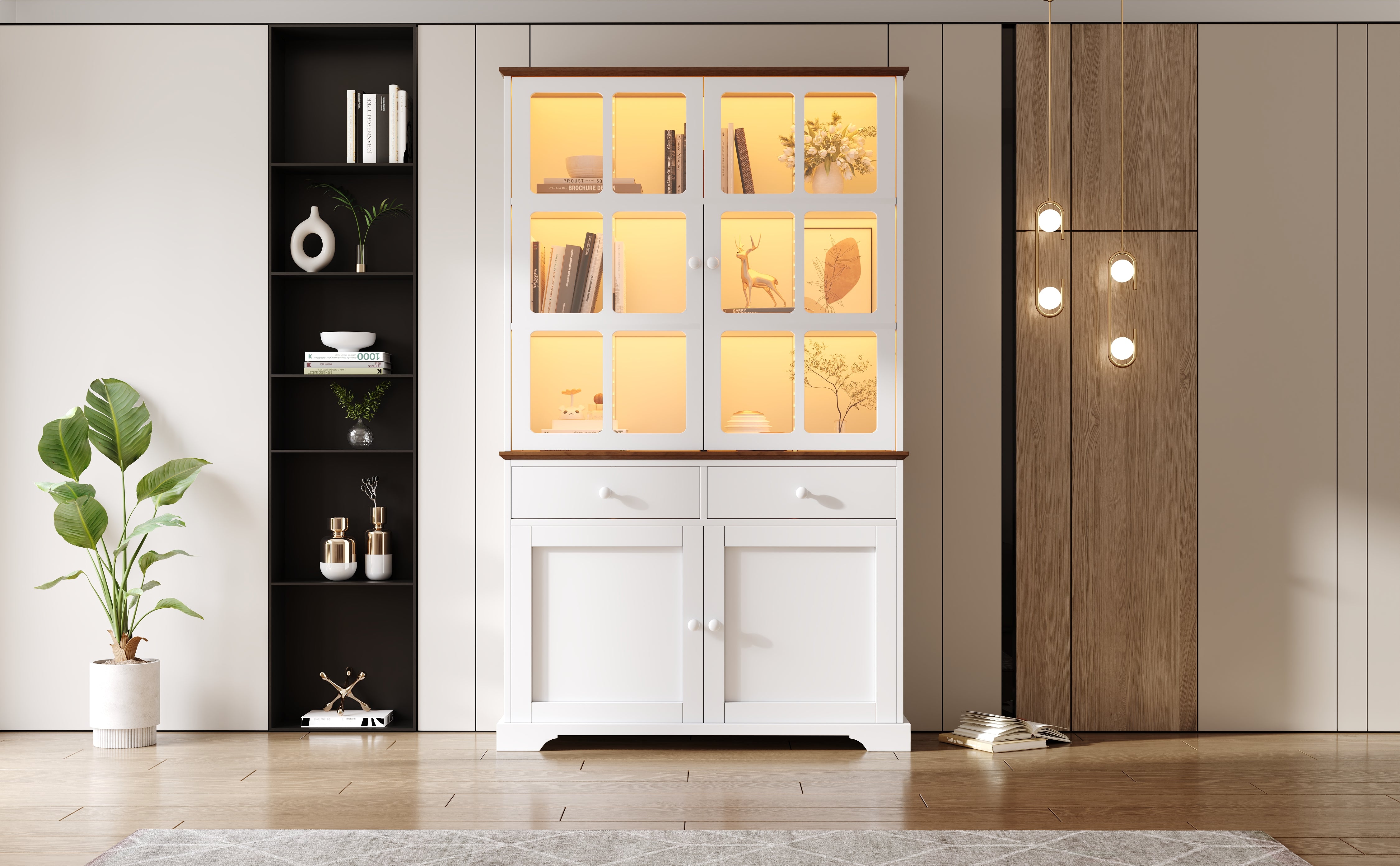 Tall Display Cabinet Glass Doors 2 Drawers LED Lighting White