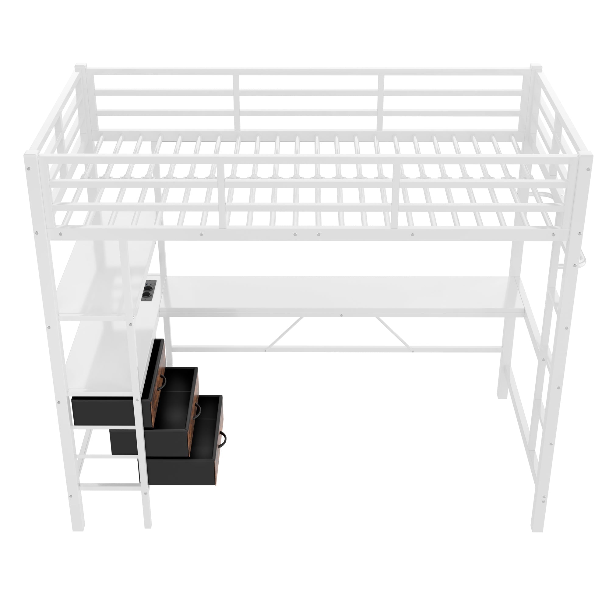 Loft Bed 90x200cm with Desk, LED Lights & Storage Drawers, White