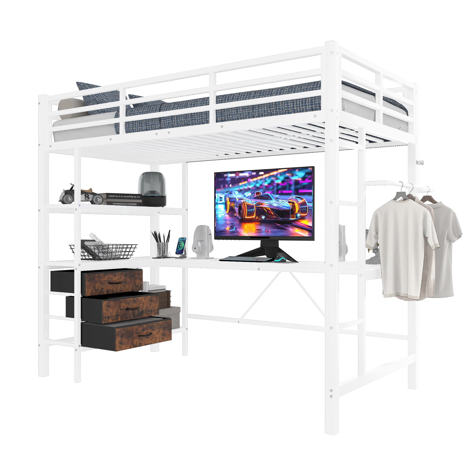 Loft Bed 90x200cm with Desk, LED Lights & Storage Drawers, White