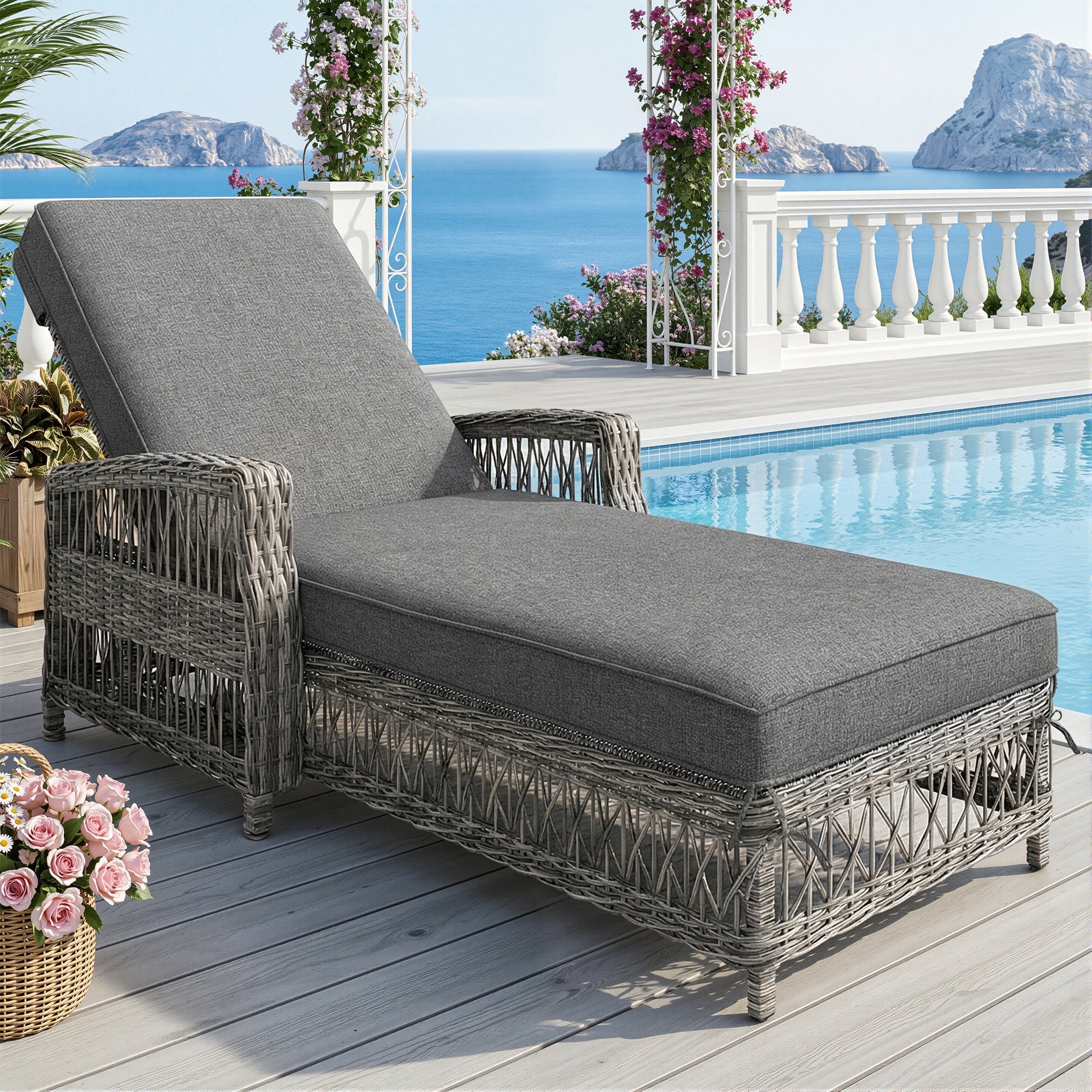 Outdoor Rattan Lounger with Adjustable Backrest and Removable Cushion, Grey Rattan