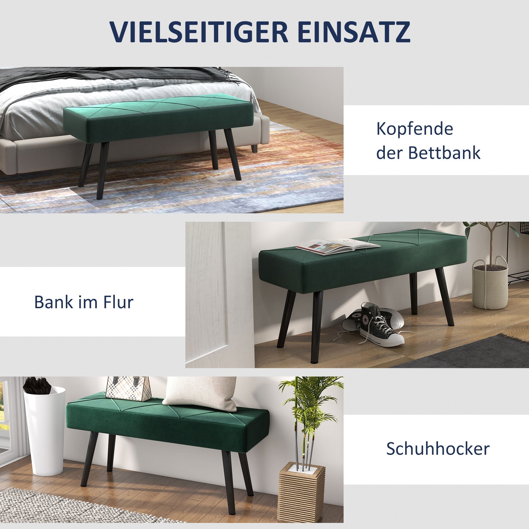 Upholstered Bench X-Pattern Seat, Bed, Hallway, Velvet Look, Green