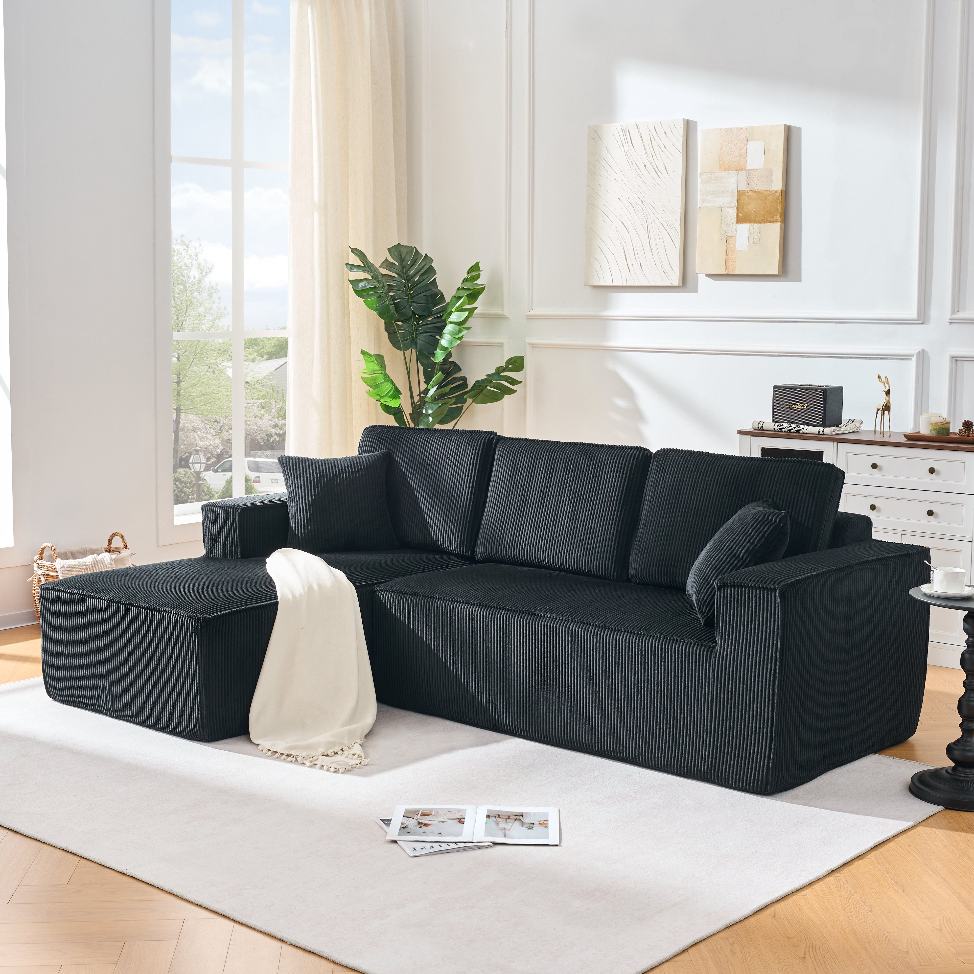L-shaped Modular Corner Sofa 2-Seater Chaise Black Corduroy Fabric