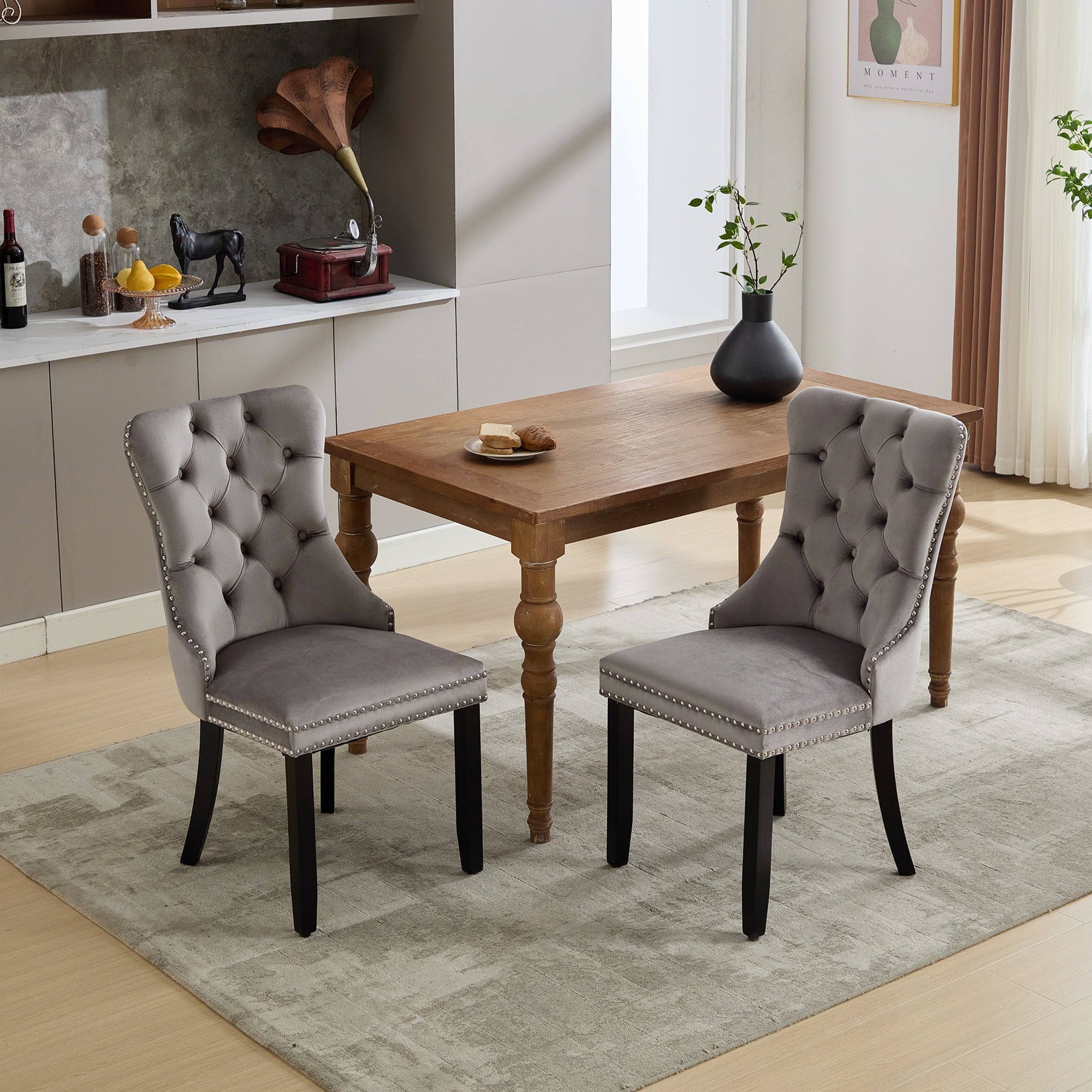 Set of 2 Modern Upholstered Velvet Dining Chairs, Button Tufted with Solid Wood Legs, Riveted Trim and Knocker Ring, Grey