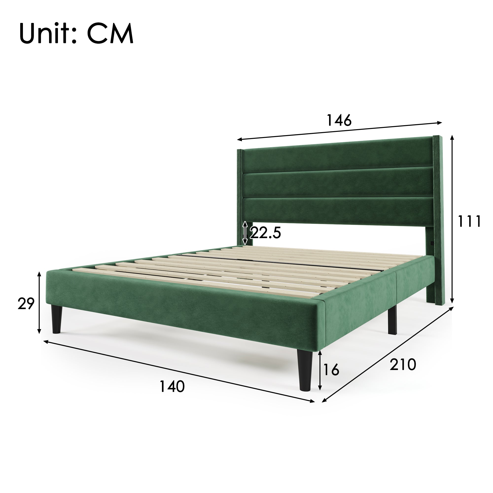 Upholstered Bed 140x200cm with Headboard, Dark Green Velvet