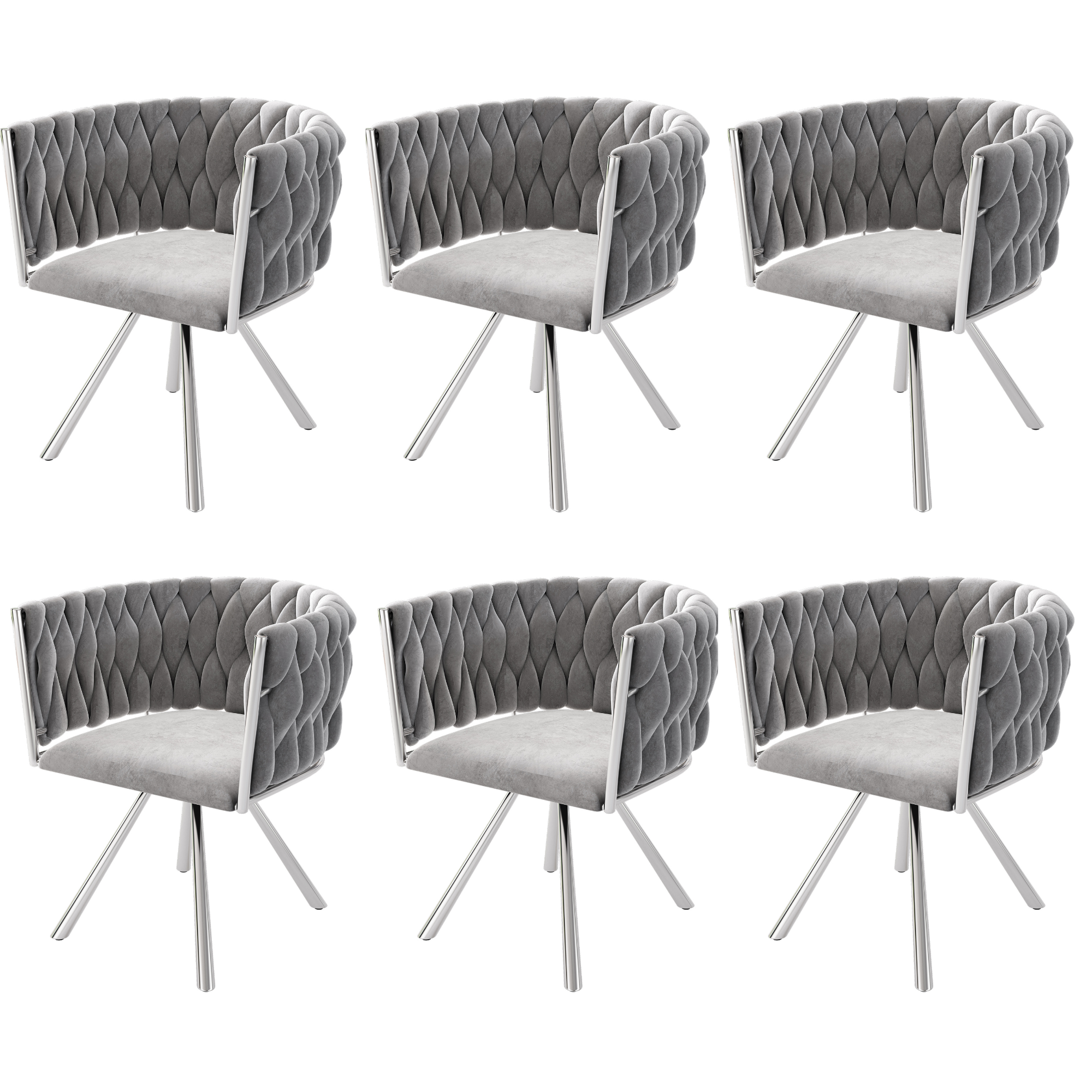 Velvet Dining Chair Set of 6 Swivel Leisure Metal Legs Grey Silver