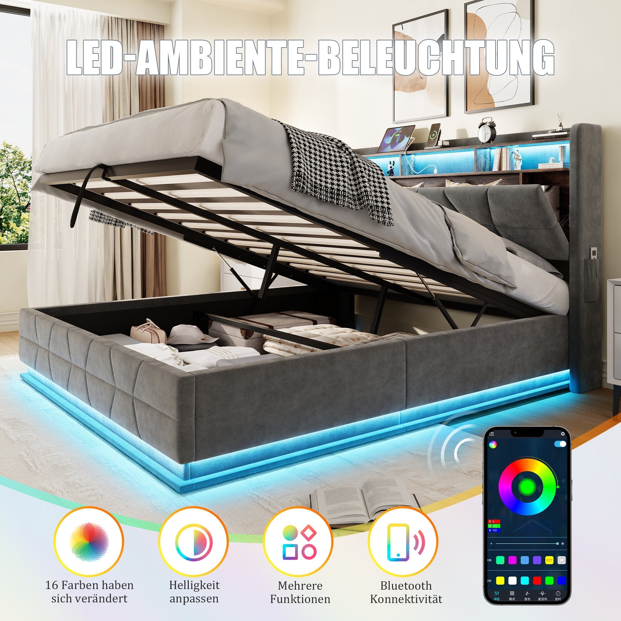 Multifunctional Bed with LED Lighting, Storage Headboard and USB Charging, 160x200cm Dark Grey Velvet