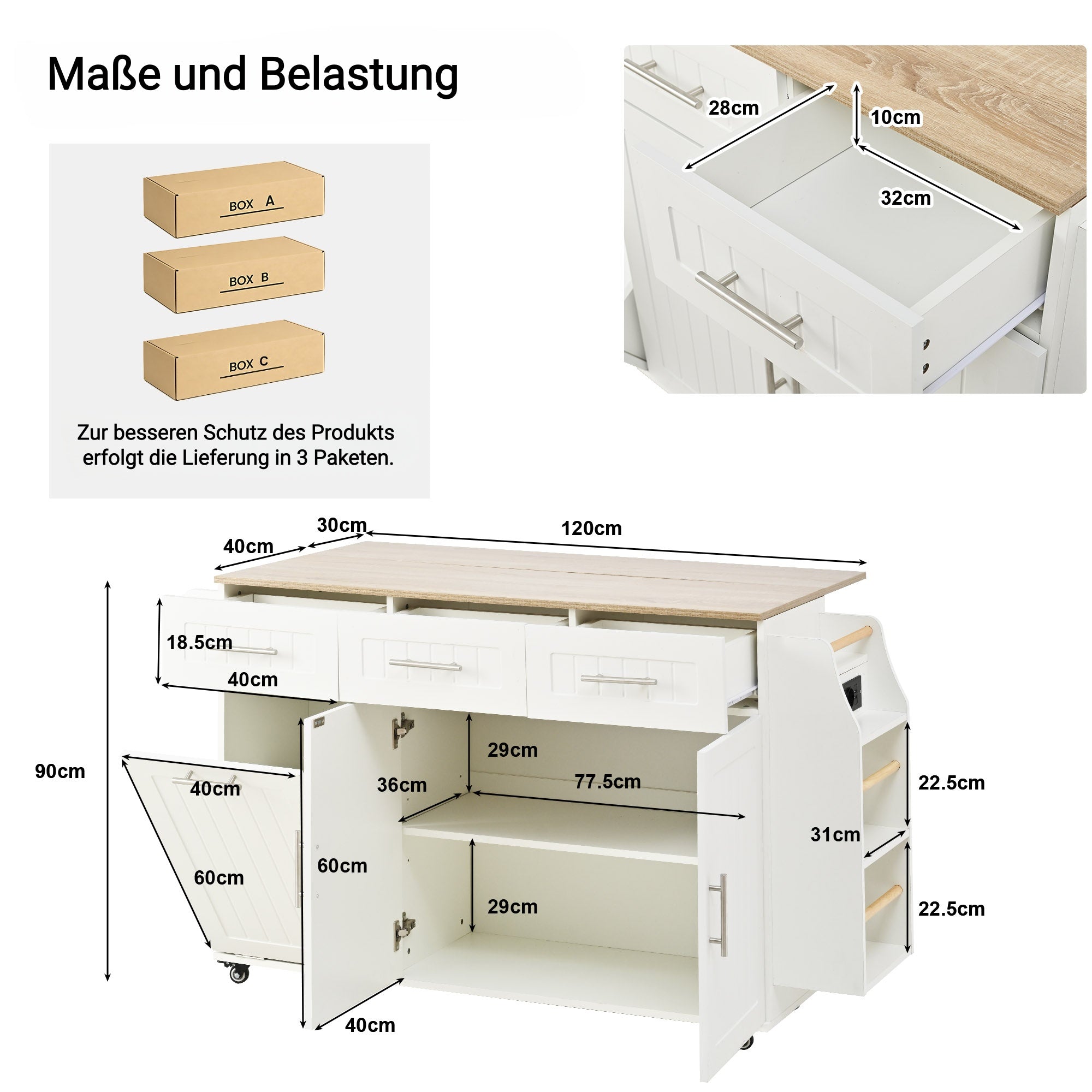 Kitchen Island Extendable Worktop Waste Bin Power Strips Mobile