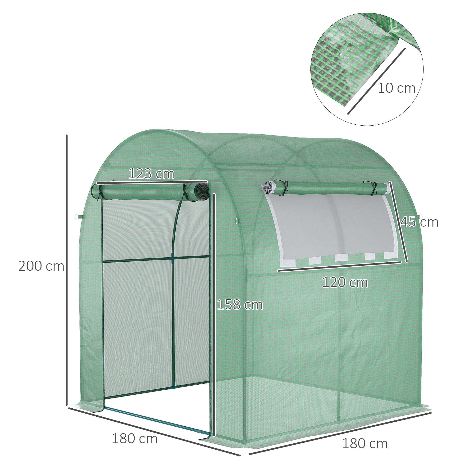 Outsunny Greenhouse, 180 x 180 x 200 cm Walk-in Plant House with Roll-Up Door and Side Window, Green PE Mesh Film