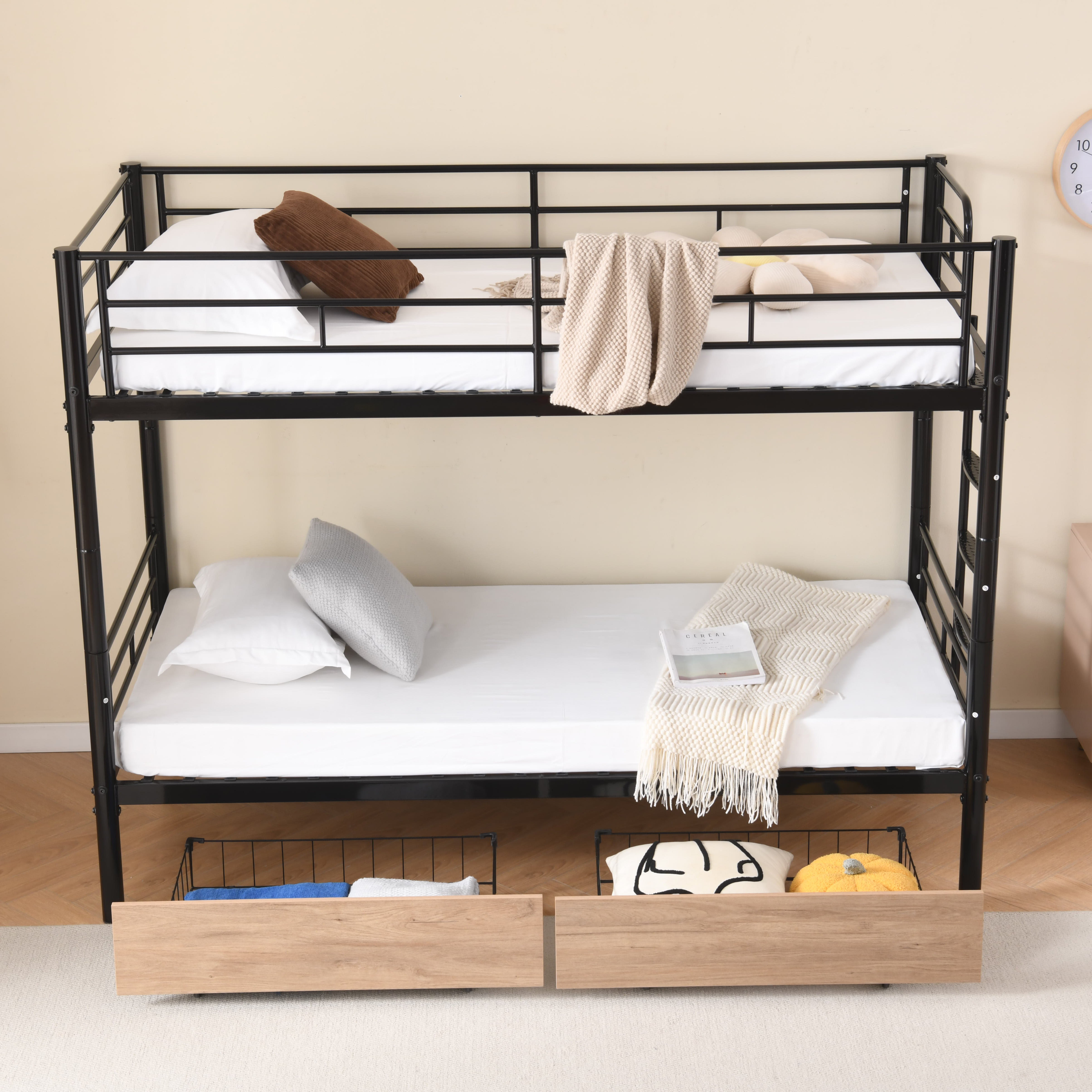 Bunk Bed 90x200cm with Drawers, Convertible to Single Beds, Black Metal